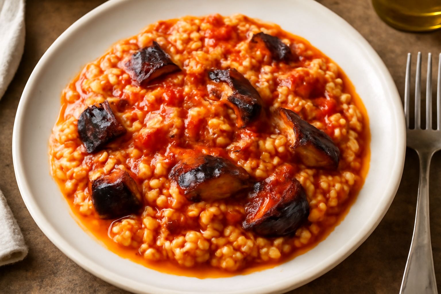 Tiella di riso e melanzane in un tegame di terracotta, con riso cremoso giallognolo, pezzi morbidi di melanzana viola scuro, salsa di pomodoro rossa che avvolge gli ingredienti, gratinata leggermente 