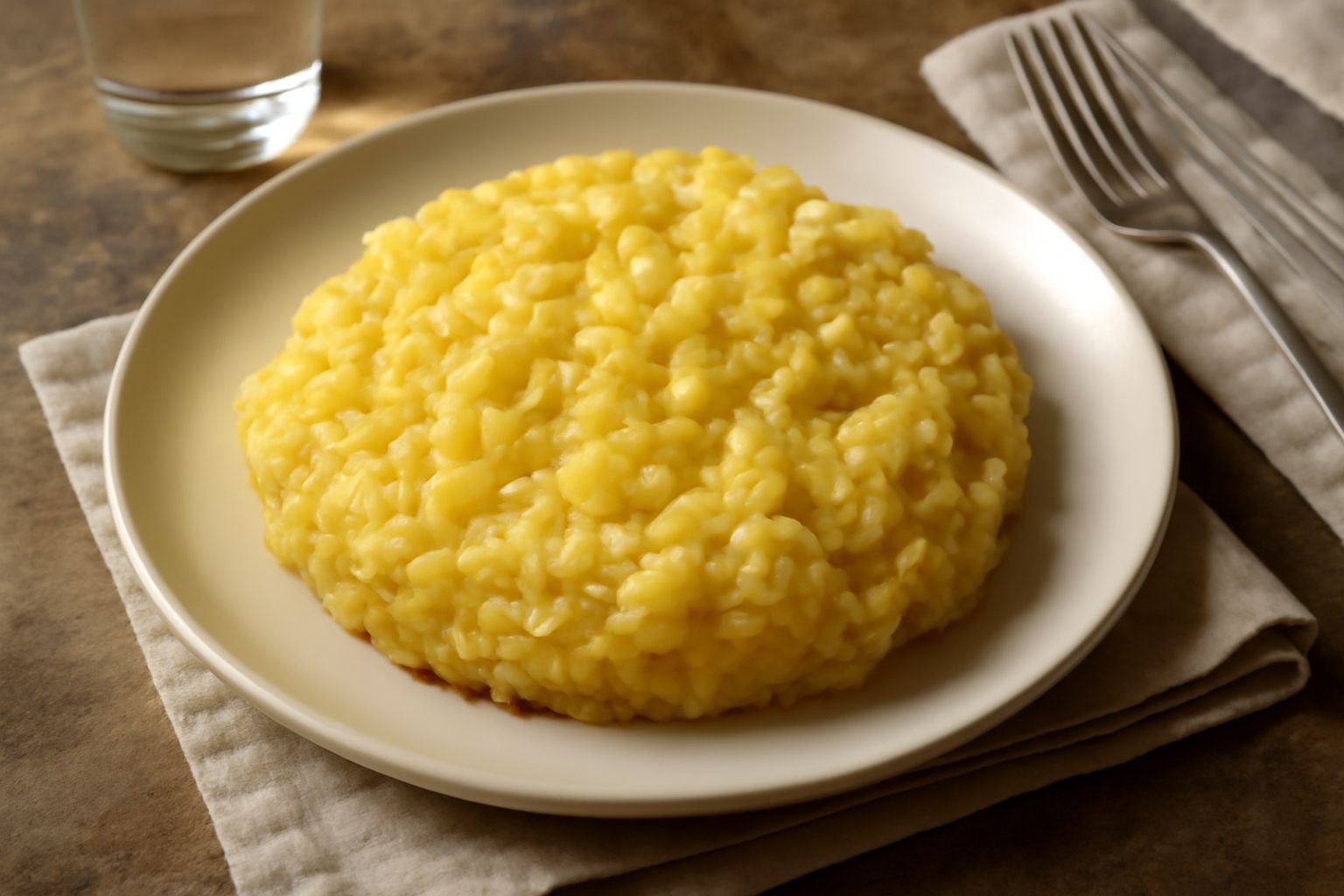 Tiella di riso e patate servita in piatto fondo bianco, con riso e patate gialli e morbidi legati da brodo denso, guarnita con prezzemolo fresco tritato e un giro di olio