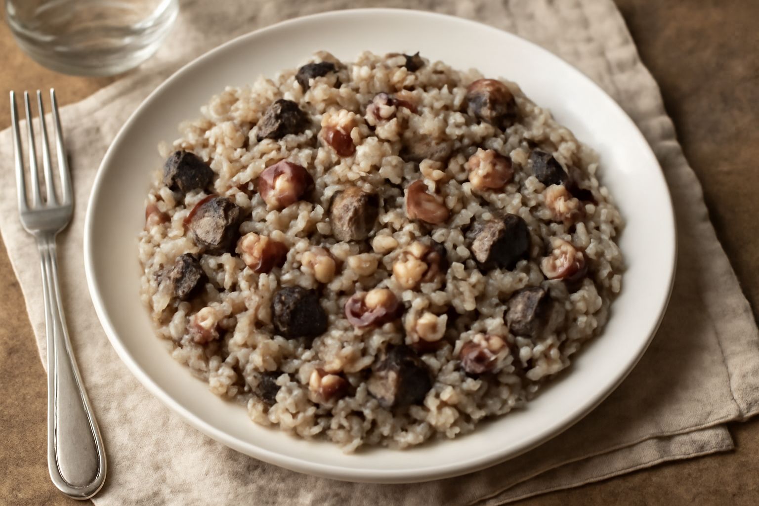 Piatto di tiella con riso bianco amalgamato a pezzi di melanzana viola scuro e polpo grigio rosa, servito in una ciotola di ceramica, condito con olio verde e prezzemolo fresco