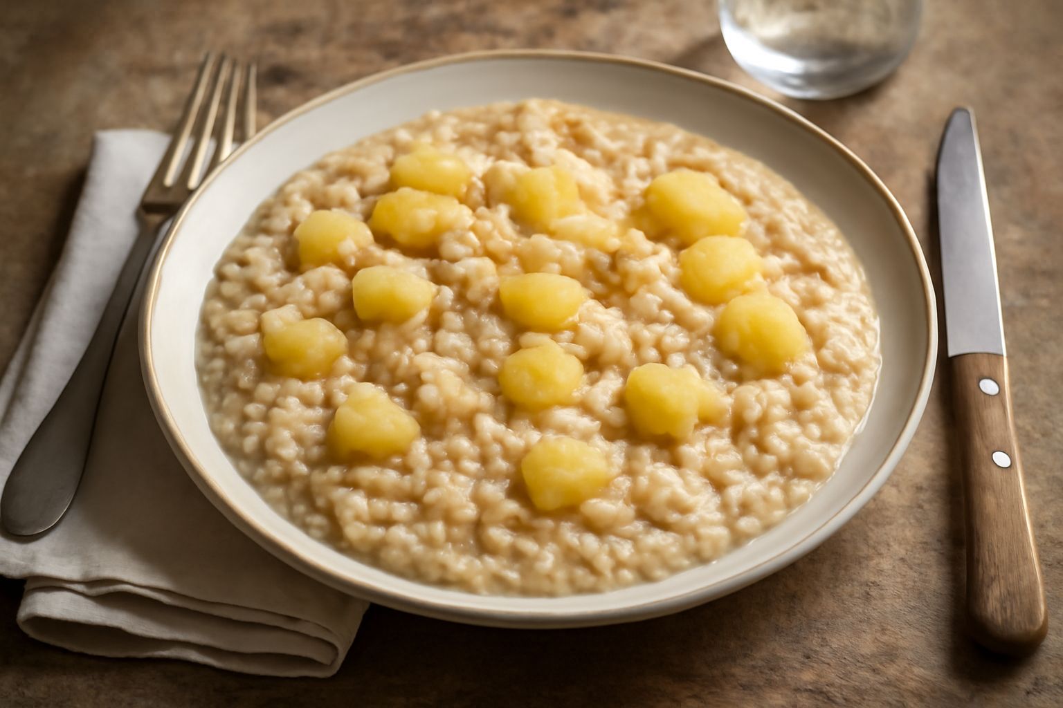 Tiella di riso orzo e patate in una ciotola di ceramica bianca, con riso e orzo visibilmente morbidi e cremosi, cubetti di patata dorata mescolati nel composto, colore beige-marroncino, guarnito con p