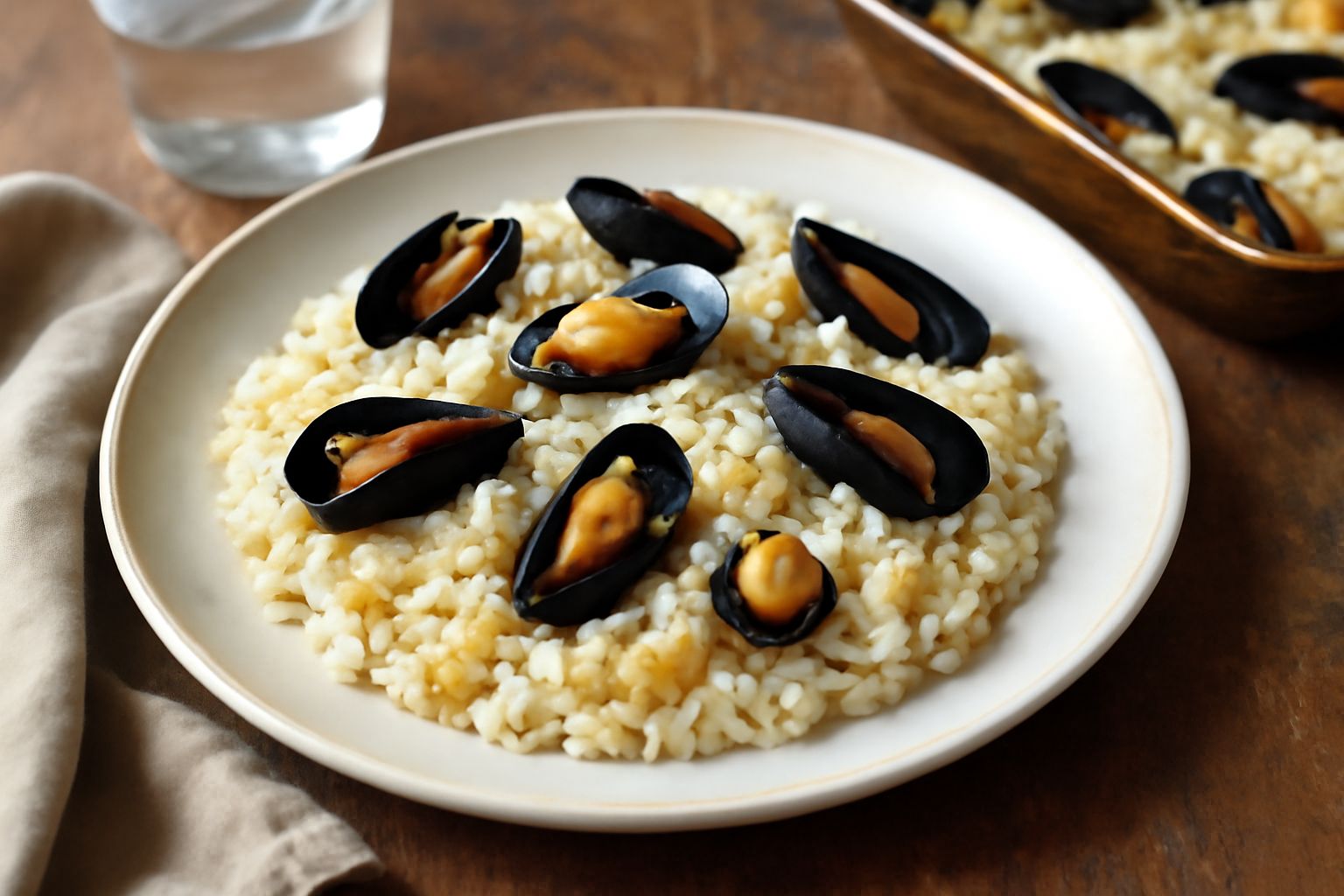 Tiella di riso patate e cozze in teglia di ceramica, riso cremoso di colore dorato, cozze nere sparse in superficie, patate tagliate a dadini visibili tra il riso, bordo della teglia con leggera dorat