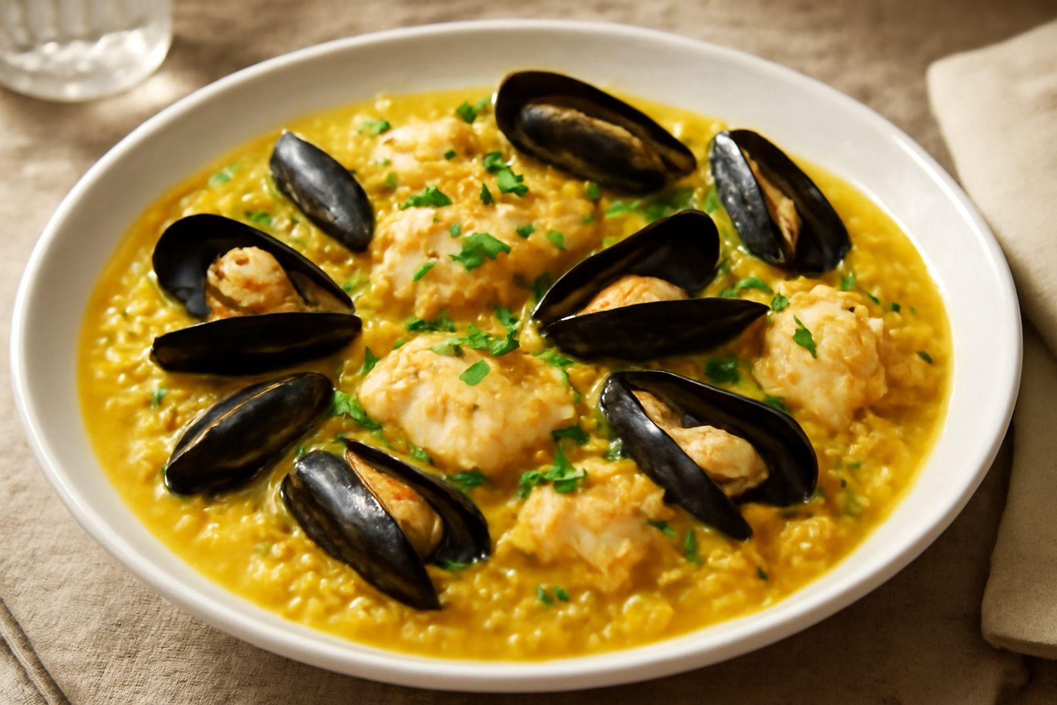 Tiella di riso pesce e cozze servita in piatto fondo bianco cremoso, con cozze aperte scure, filetti di pesce bianco visibili, riso cremoso giallo paglierino, prezzemolo fresco verde sopra, vapore leg