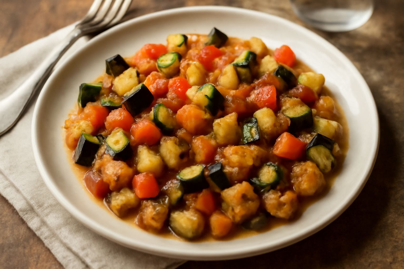 Tiella di verdure e pane servita in ciotola bianca: pane ammollato in brodo, zucchine gialle e verdi, pomodori rossi, melanzane viola e prezzemolo verde sparso in superficie