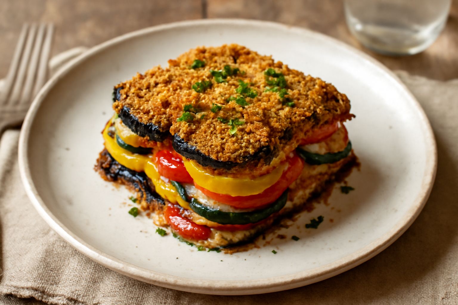 Tiella di verdure povere in piatto fondo di ceramica bianca: strati di melanzane violacee, zucchine verdi e gialle, pomodori rossi, pane grattugiato dorato in superficie, tutto cosparso di prezzemolo 