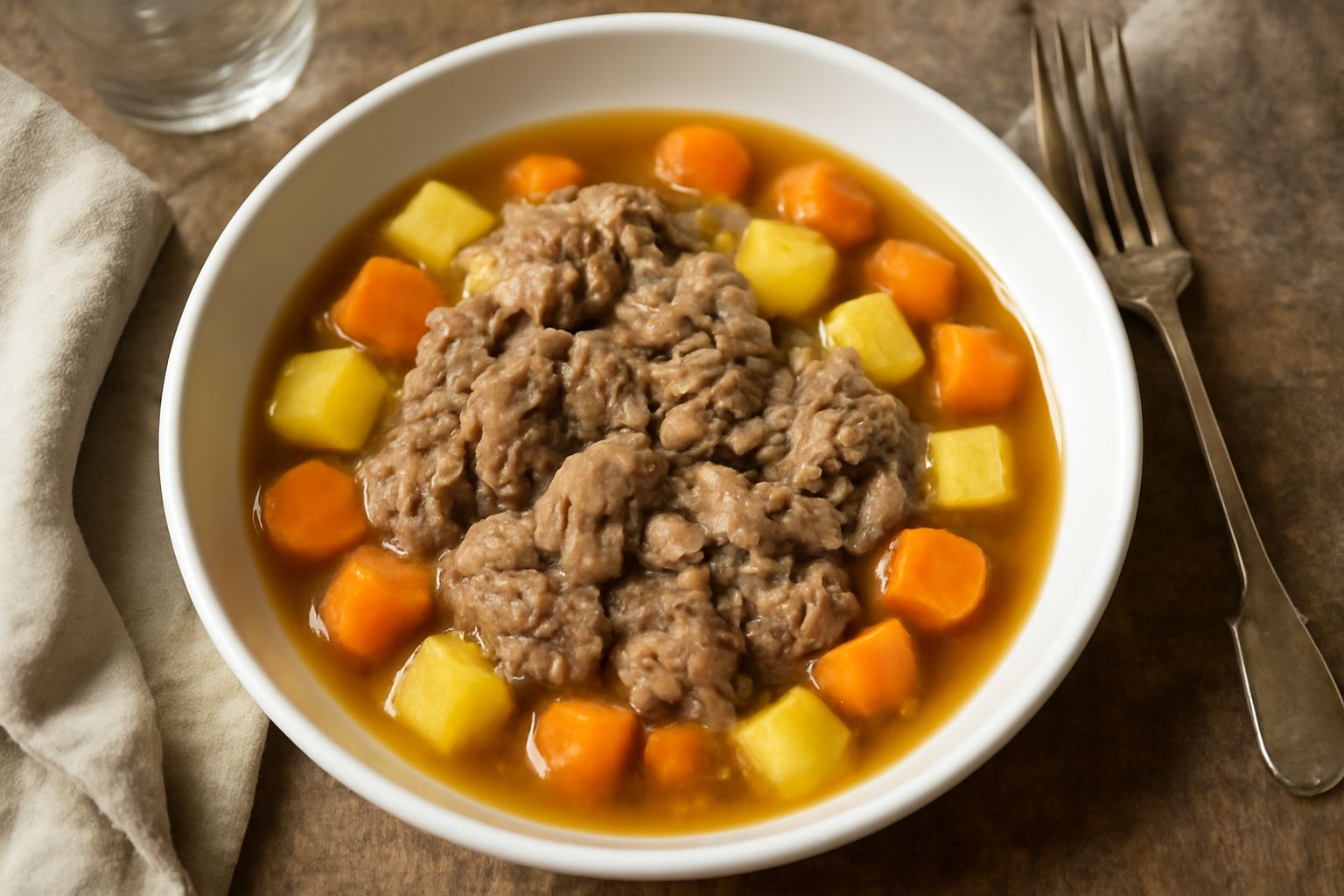 Tiella di vitello in piatto fondo bianco, carne grigia e tenera circondata da patate quadrate, carote tagliate e cipolle, brodo leggero, prezzemolo fresco sulla superficie