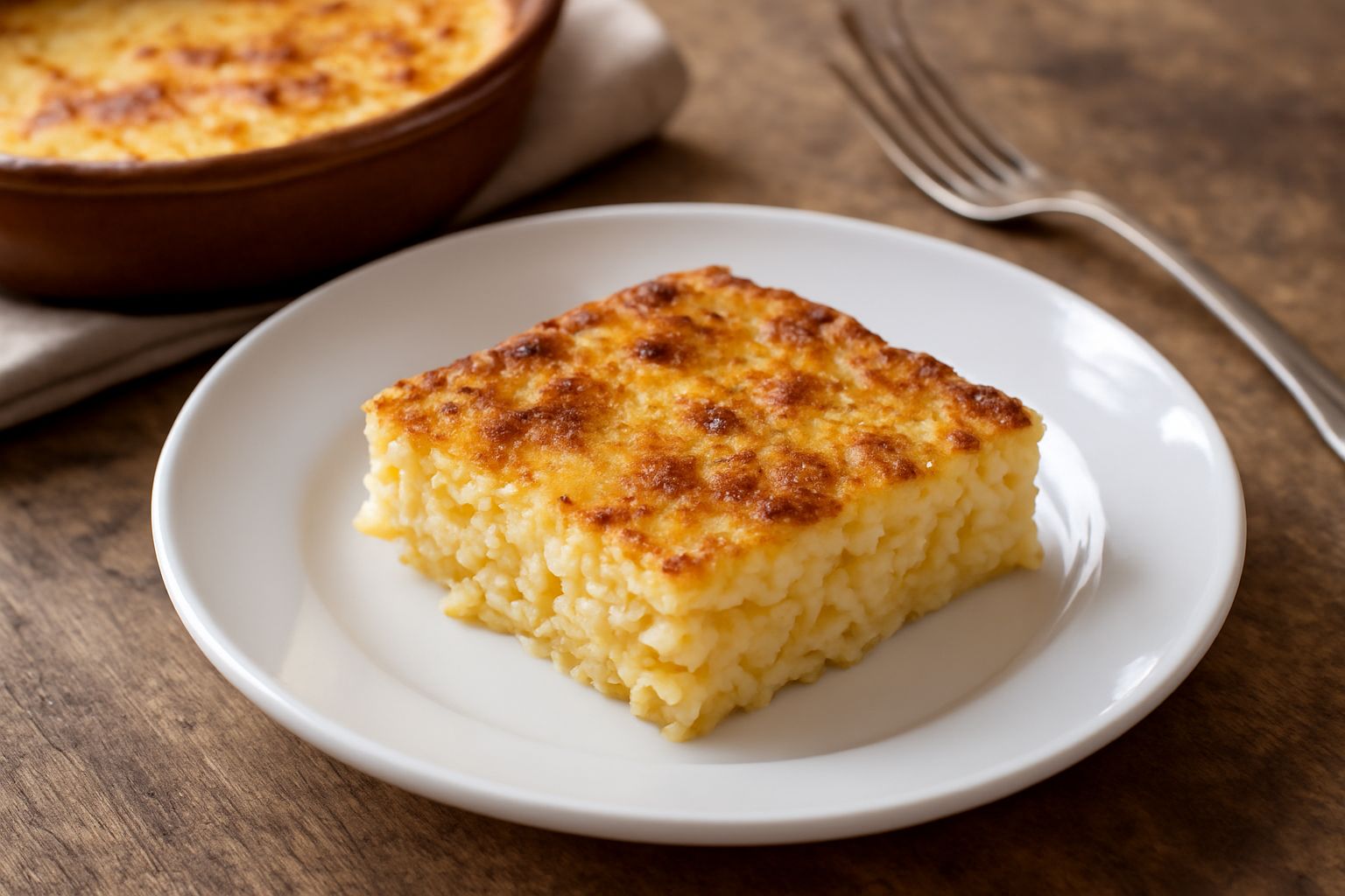 Tiella dolce in pirofila di ceramica, dorata in superficie, cremosa all'interno, con chicchi di riso ben legati dal latte dolcificato, bordo superiore caramellato dorato.