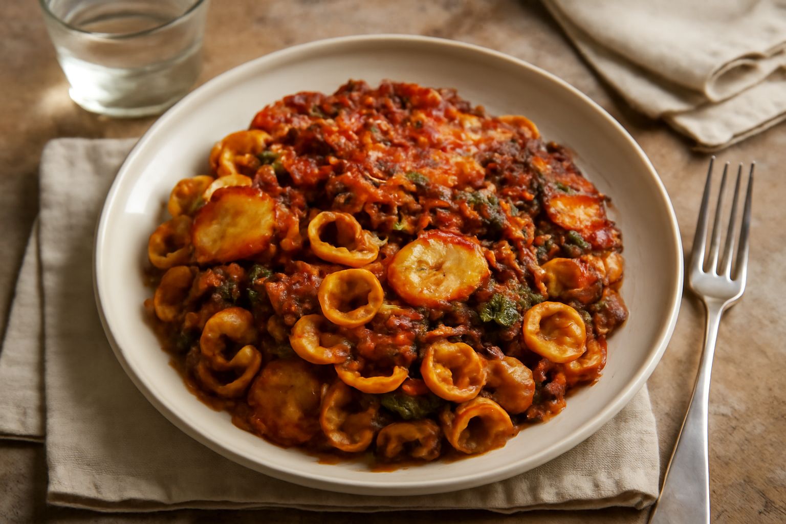 Tiella d'orecchiette servita in un piatto fondo bianco, con orecchiette mescolate a ragù, patate e carote morbide, colore marrone dorato e bruno, vapore visibile, copertura di parmigiano grattugiato