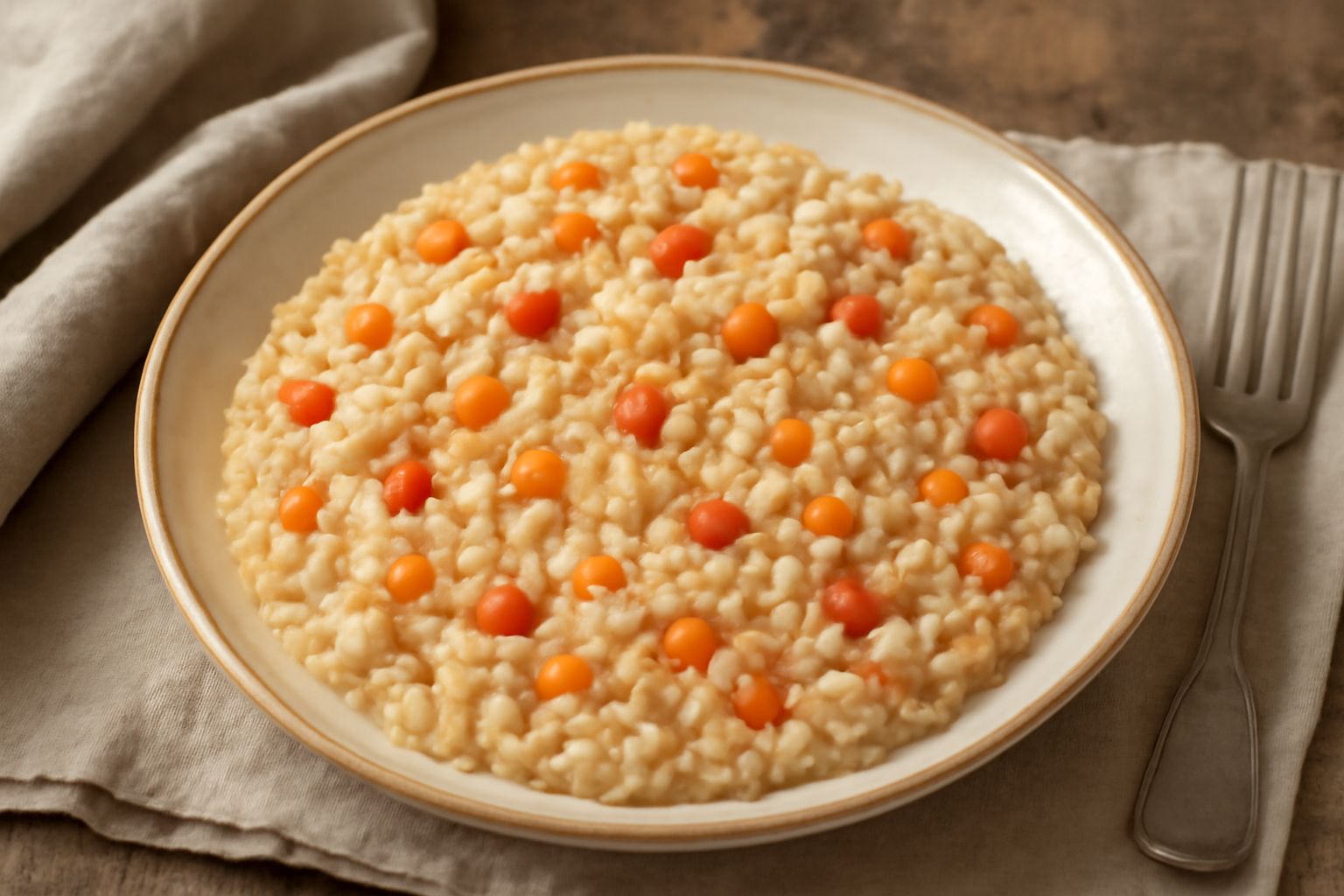 Tiella d'orzo cremosa in piatto biondo, con chicchi interi d'orzo e riso visibili, colore beige uniforme, vapore leggero, contorno di verdure morbide verde scuro e dadini di pomodoro rosso, grattugia 