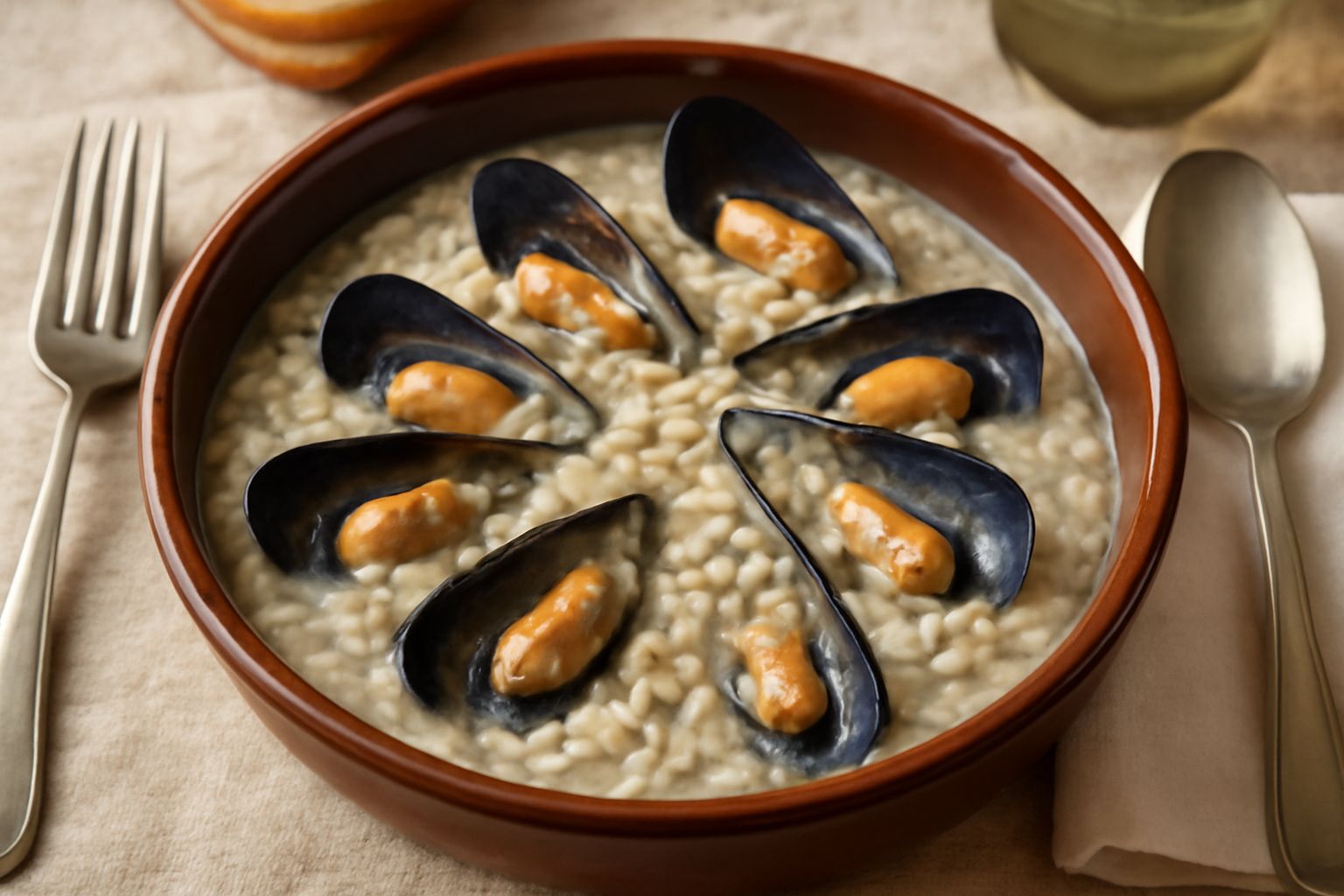 Una ciotola larga di tiella d'orzo fumante, con grani di orzo morbidi e cozze scure aperte, circondate da liquido cremoso, guarnita con prezzemolo verde fresco tritato fine