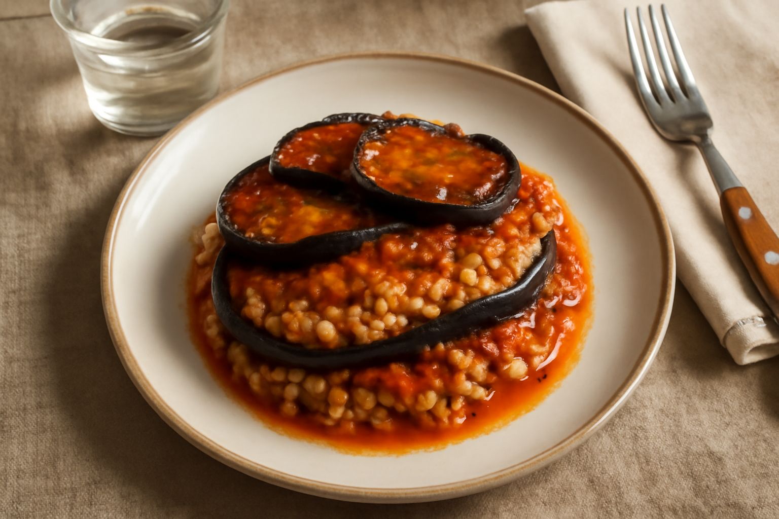 Tiella d'orzo e melanzane in teglia di ceramica: strati di melanzane viola scuro e orzo bianco crema visibili dal taglio, cosparsa di prezzemolo verde e con alone di pomodoro rosso ai bordi