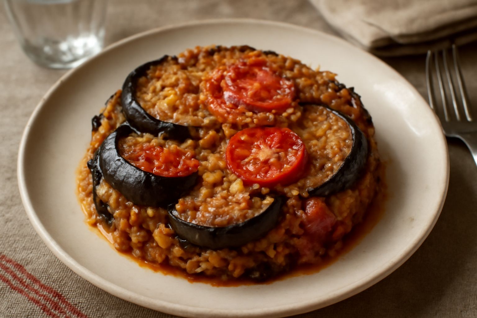 Tiella d'orzo con melanzane viola scure e pomodori rossi, gratinata in superficie, servita in una terracotta beige con orzo visibile tra le verdure, contorno di prezzemolo fresco tritato