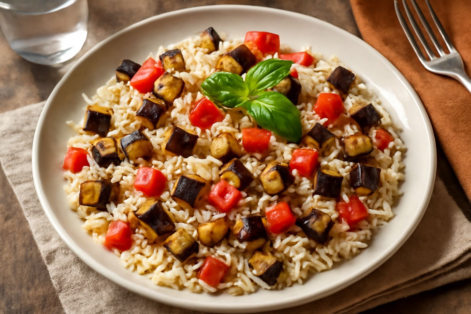 Tiella fredda in piatto bianco con riso bianco e chicchi di melanzana grigia-viola, pomodori rossi visibili sparsi, filo d'olio verde in superficie, basilico fresco sopra, fondo neutro grigio
