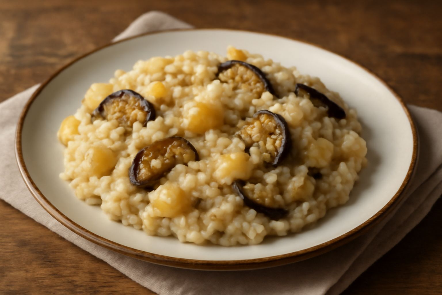 Tiella modenese servita nel piatto: riso bianco cremoso mantecato con patate gialle, melanzane viola scure a fettine, superficie lucida di burro, colore uniforme avorio con screziature brune, guarnizi