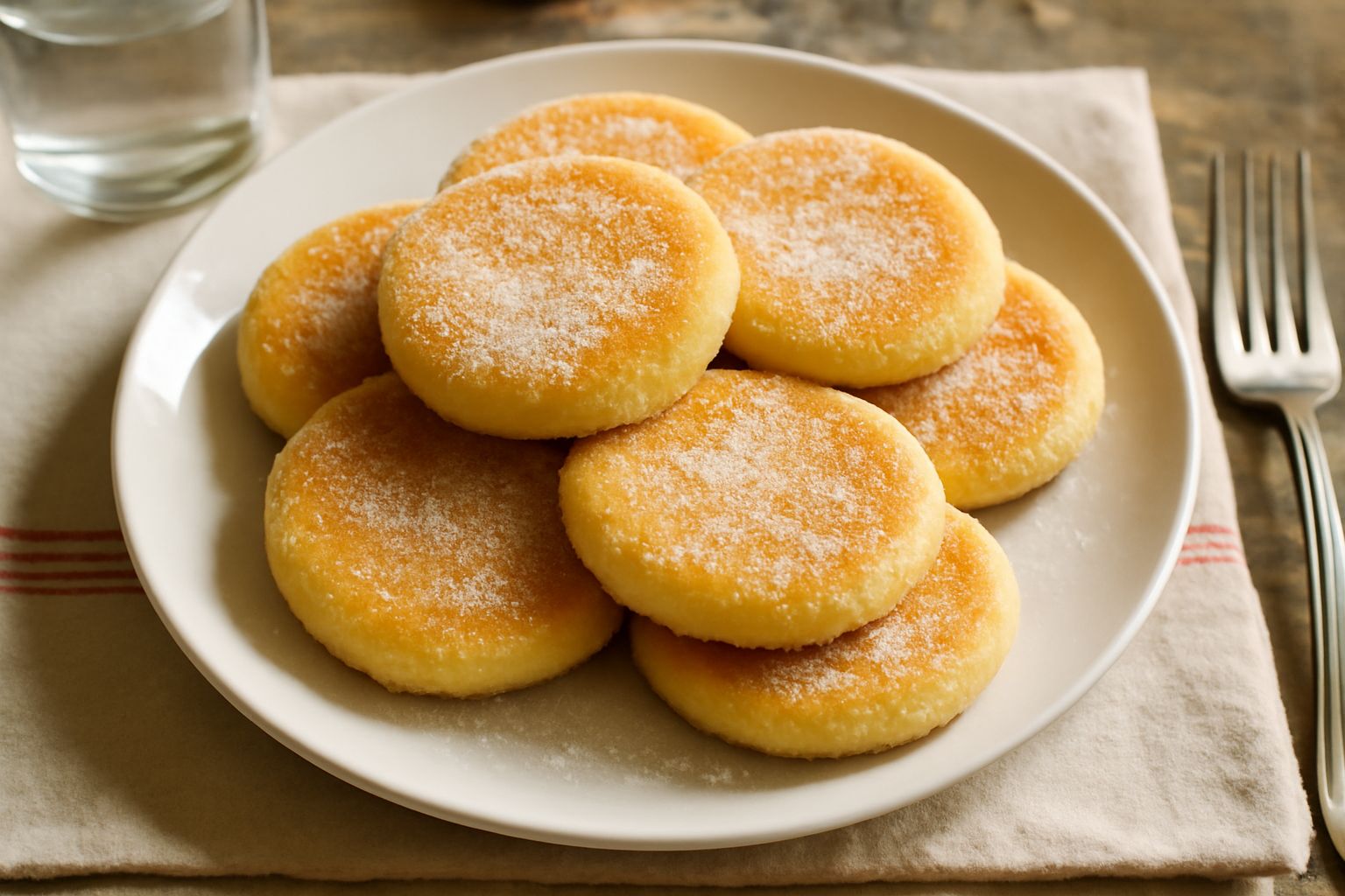 Tigellas dorate e croccanti disposte su un piatto bianco, cosparse di zucchero semolato, con contorni morbidi e dorati, accanto a un bicchiere di latte