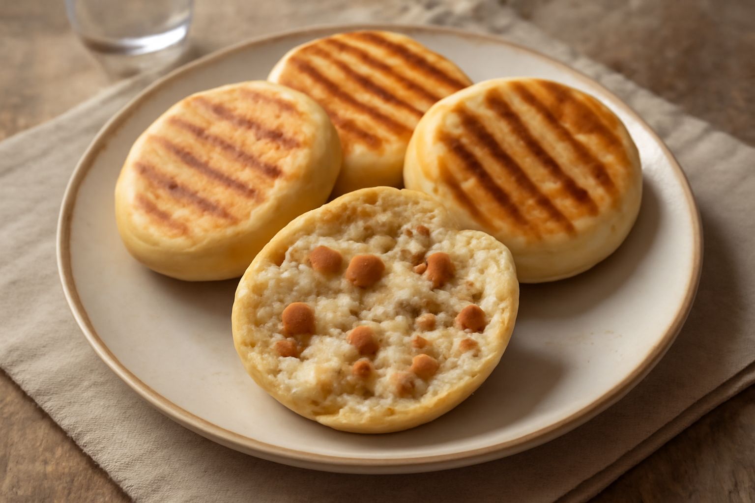 Tigelle calde e dorate appoggiate su un canovaccio di lino, con ciccioli visibili sulla superficie, tagliate a metà per mostrare il ripieno croccante di ciccioli bianchi e marroni