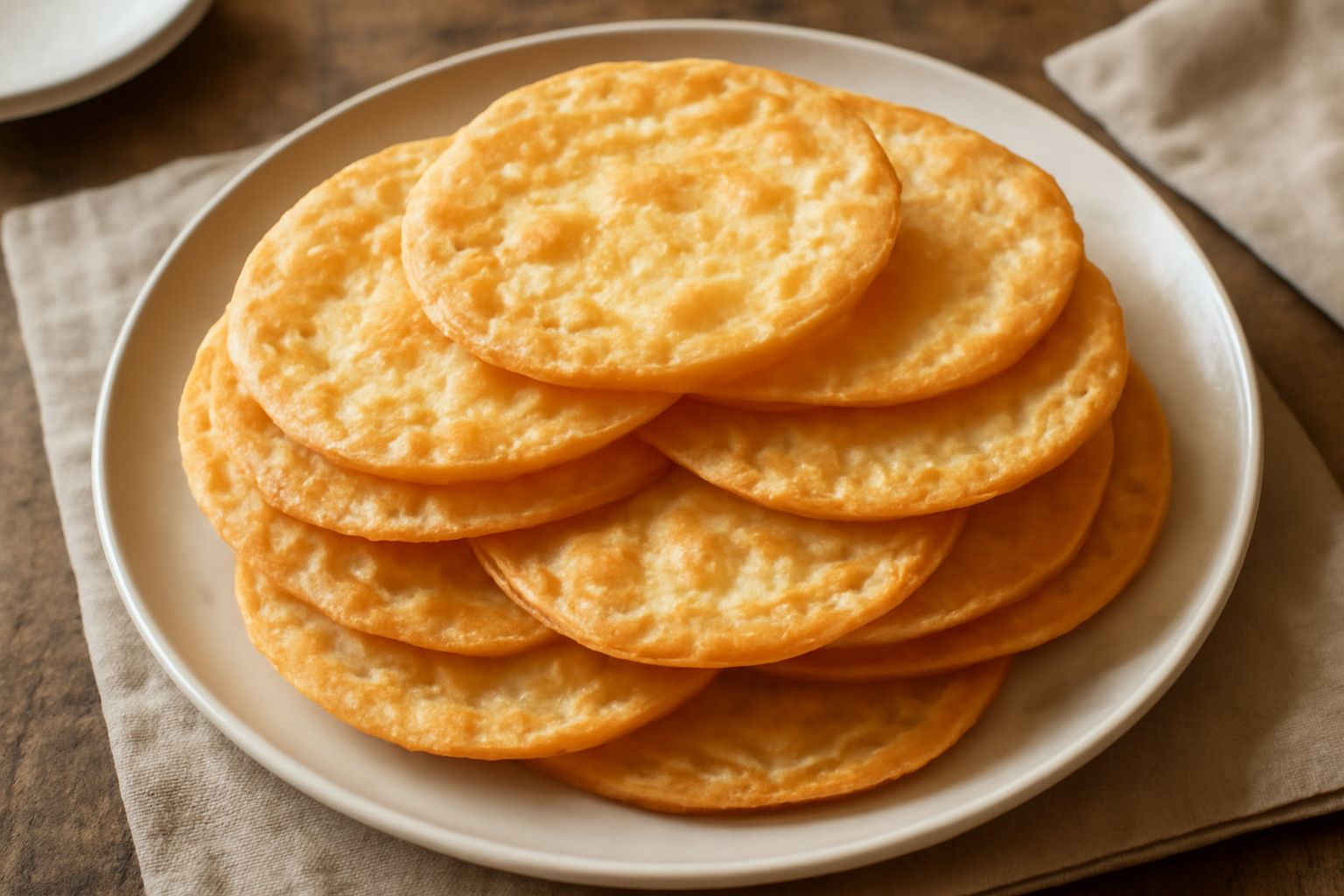 Tigelle dorate e croccanti appena fritte, impilate in un cestino di vimini rivestito di carta, con una leggera patina di olio brillante e superficie dorata uniforme