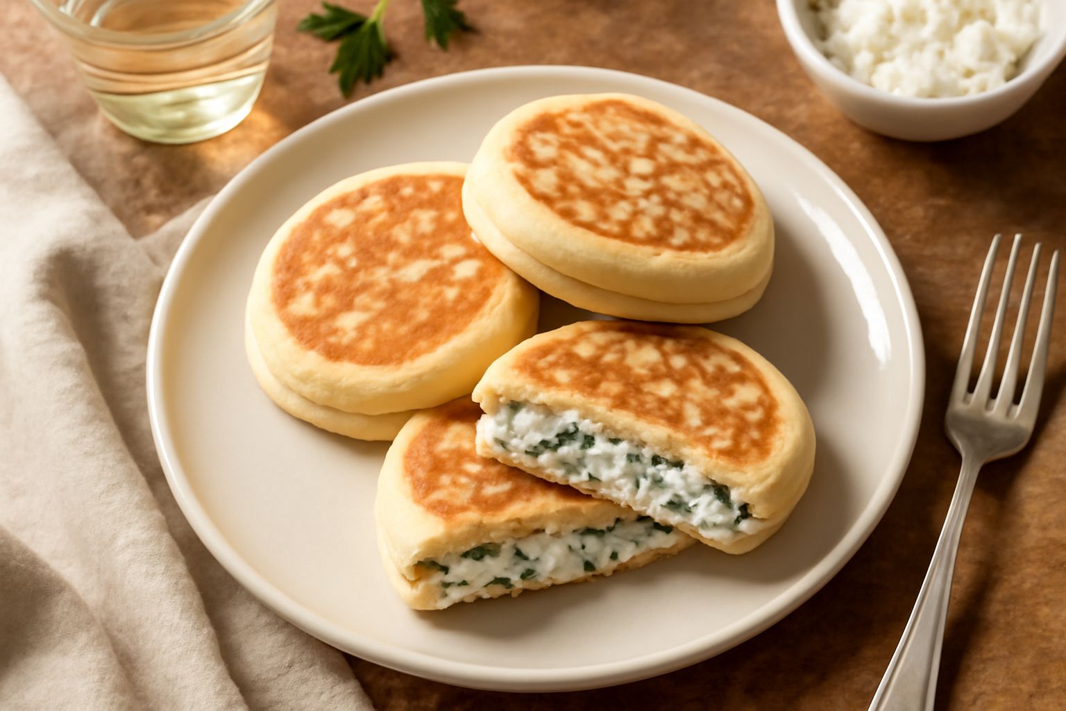 Tigelle calde appena tolte dalla padella, di colore dorato, tagliate a metà e ripiene di ricotta e spinaci, servite su un piatto bianco con vapore ancora visibile