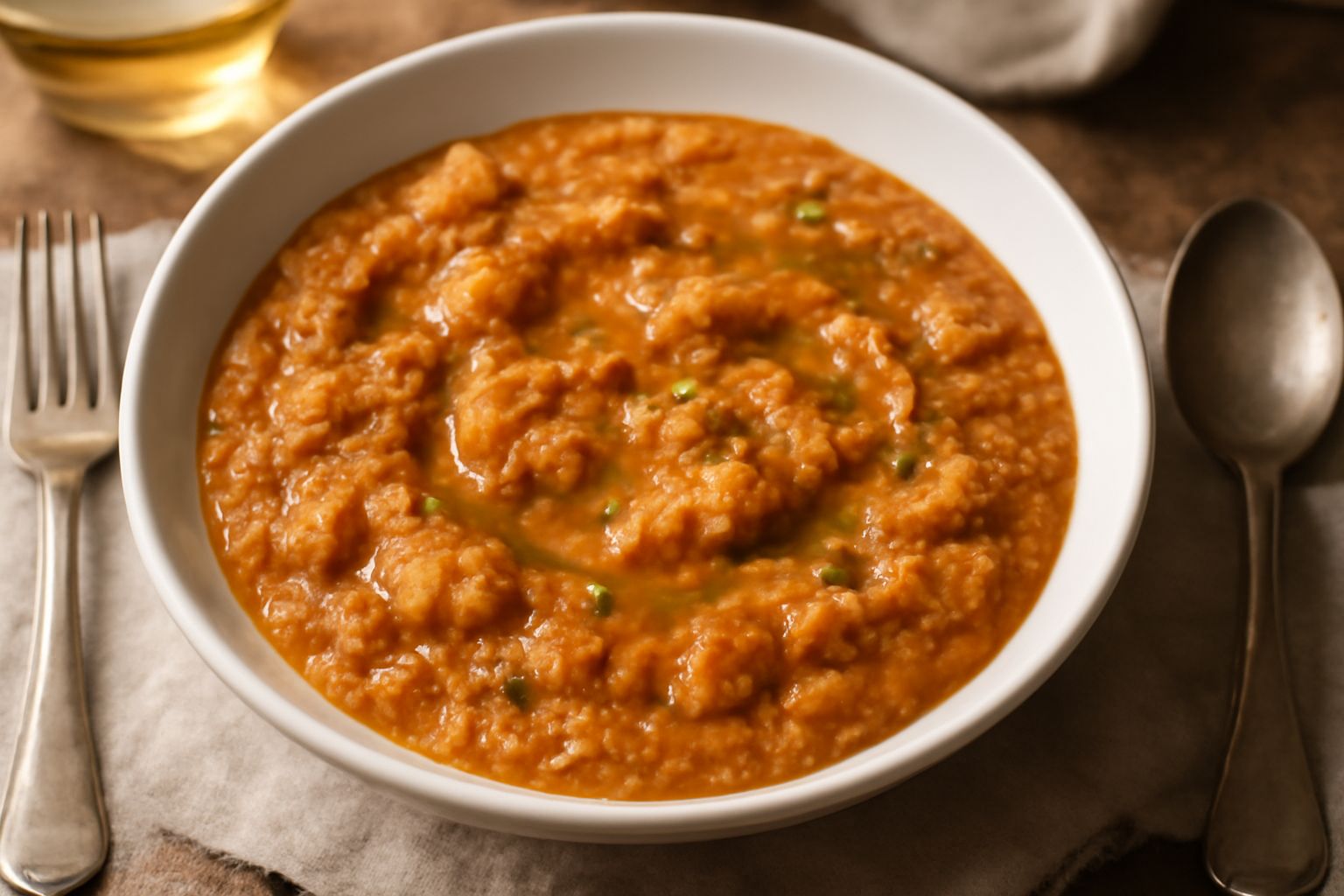 Una ciotola di Tignanello cremoso e denso, color bruno-arancio, con pezzi di pane morbido, pomodoro rosso visibile in superficie, filo di olio verde in cima, servito in terracotta bianca su tavolo in 