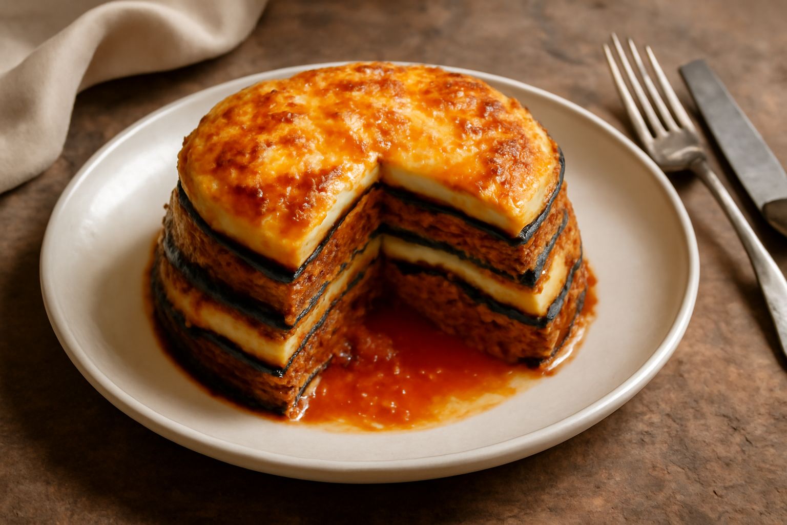 Una timbale di melanzane tiepida appena sfornata, dorata in superficie, tagliata a fette che mostrano gli strati sovrapposti di melanzane grigliate viola, ragù rosso-marrone e besciamella bianca cremo