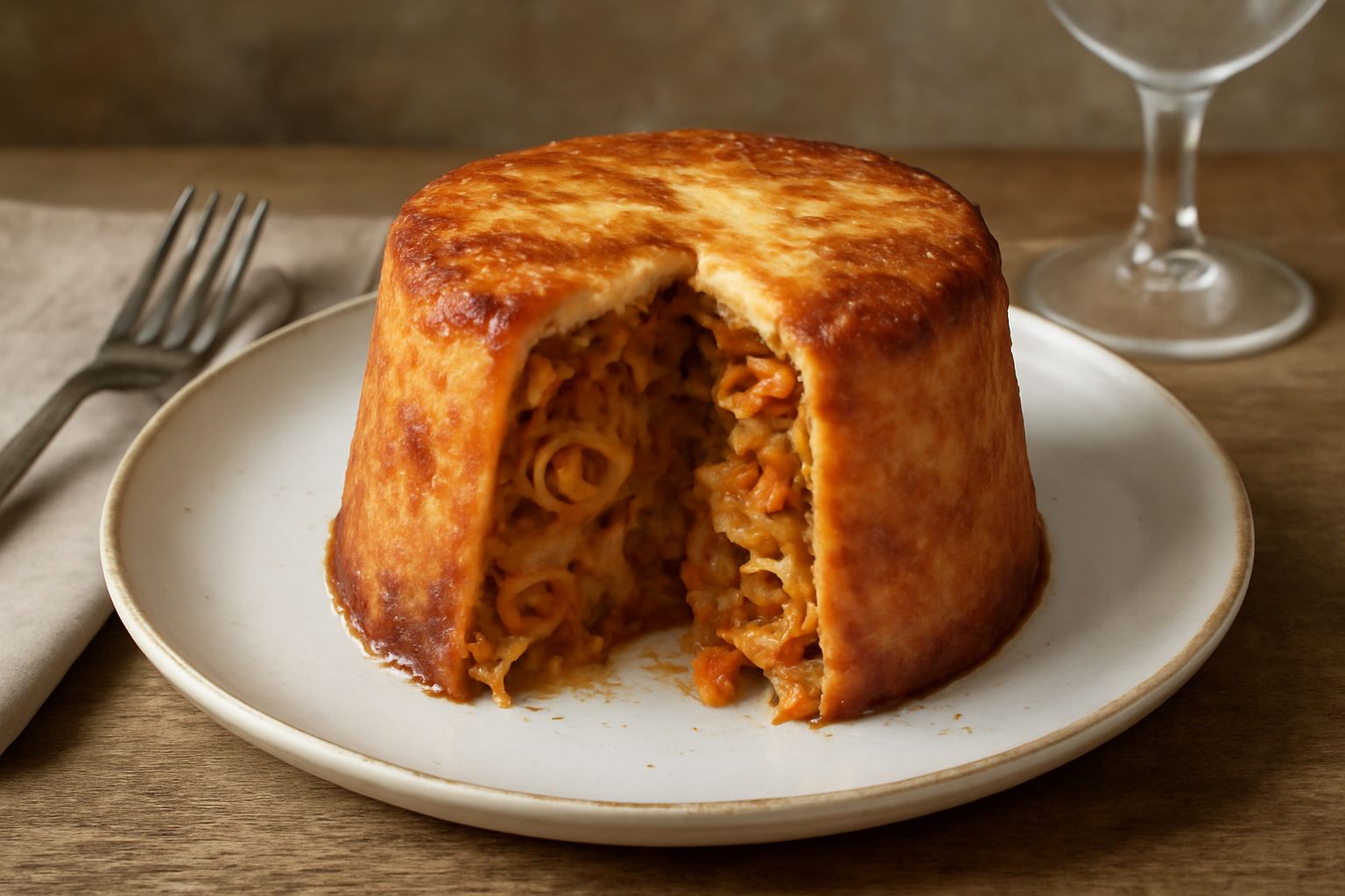 Una porzione di timballata di pasta su piatto bianco, cremosa al centro con besciamella bruno-dorata, ben compatta e riconoscibile in forma di fetta, con ragù rosso visibile tra gli strati