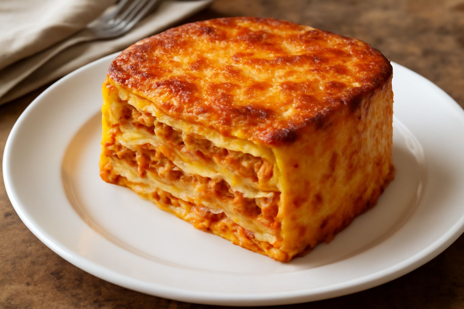 Timballo dorato appena sfornato tagliato a porzioni, strati visibili di pasta gialla, ragù rosso scuro e besciamella bianca con crosta croccante in superficie