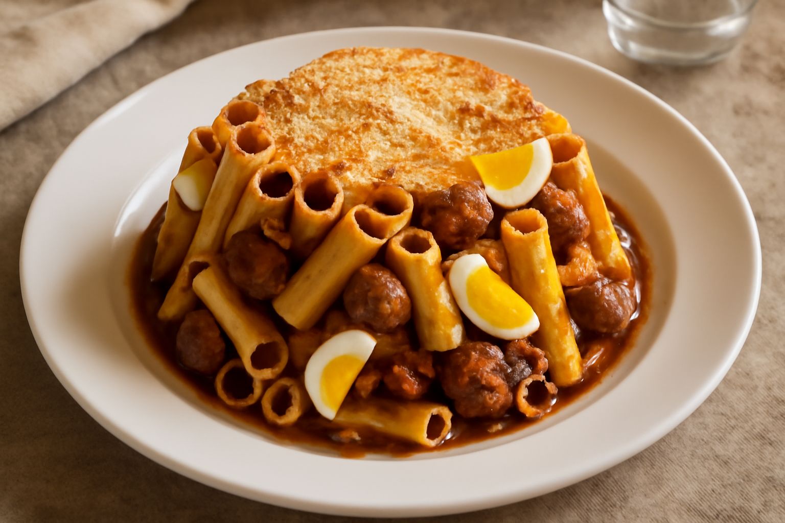 Timballo aquilano servito in un piatto fondo bianco: pasta rigatoni gialla dorata mista a ragù scuro, fettine di uovo sodo, polpettine marroni e formaggio giallo grattugiato sparse in superficie, cont
