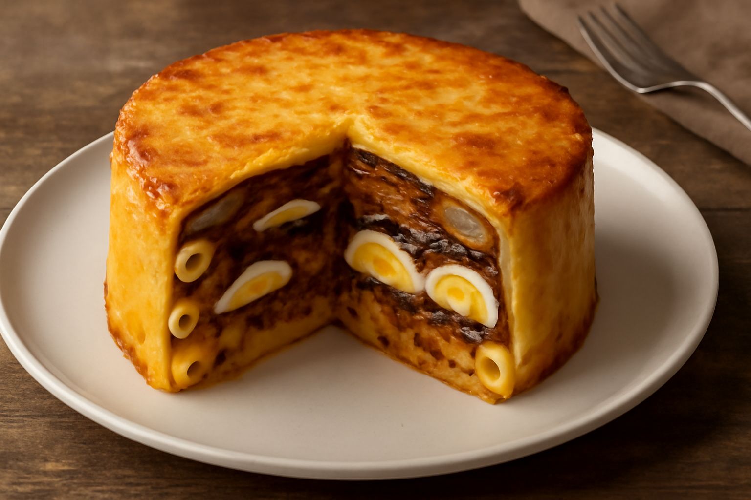 Fetta di timballo calabrese tagliata nel piatto, con strati visibili di pasta, ragù marrone scuro, melanzane violacee e formaggio fuso dorato in superficie, contornato da verdure