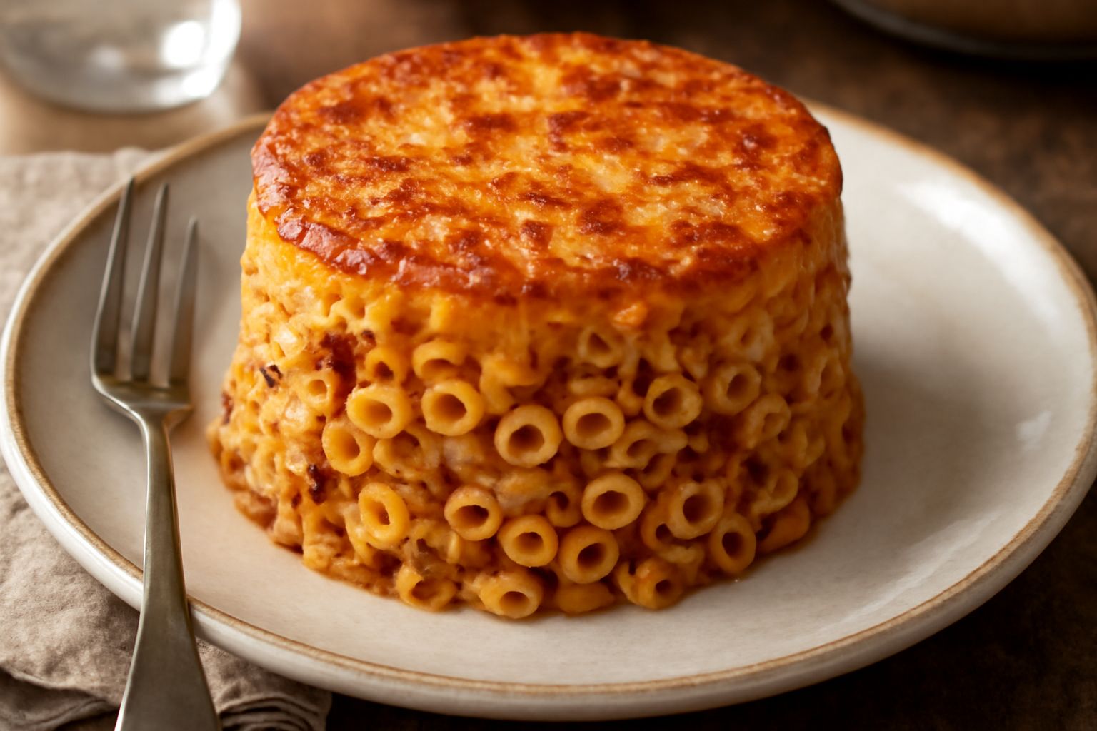 Timballo di anelletti appena sfornato, con superficie dorata e gratinata di formaggio. La sezione tagliata mostra anelletti bianco-marroni legati da besciamella, con ragù visibile fra la pasta.