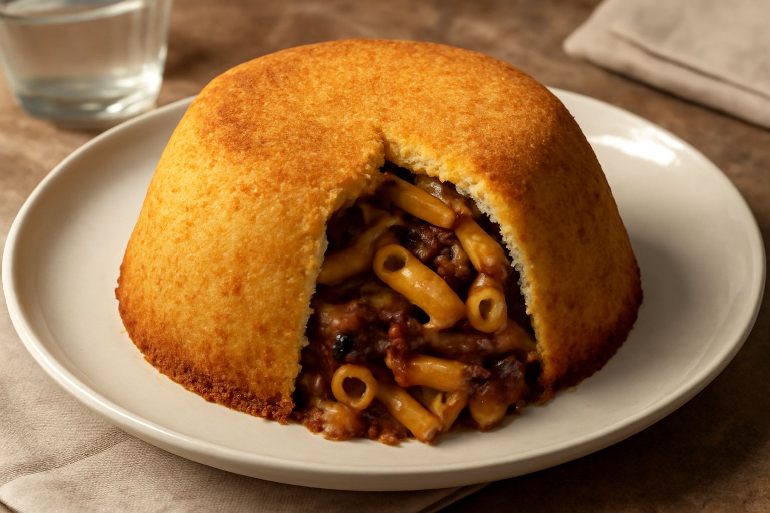 Timballo di maccarruni tagliato a fetta in un piatto bianco, con interno cremoso di pasta gialla, ragù rosso e formaggio filante, superficie dorata e croccante, con cucchiaio d'argento