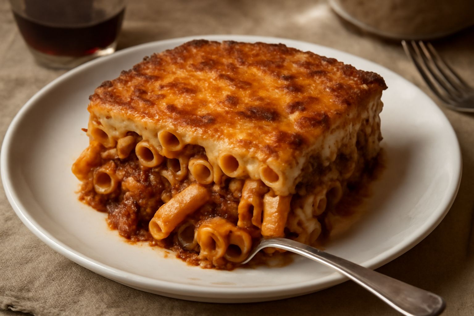 Timballo di maccheroni appena sfornato, con crosta dorata in superficie e ragù scuro visibile nei buchi della pasta, servito in un piatto bianco con contorno di verdure
