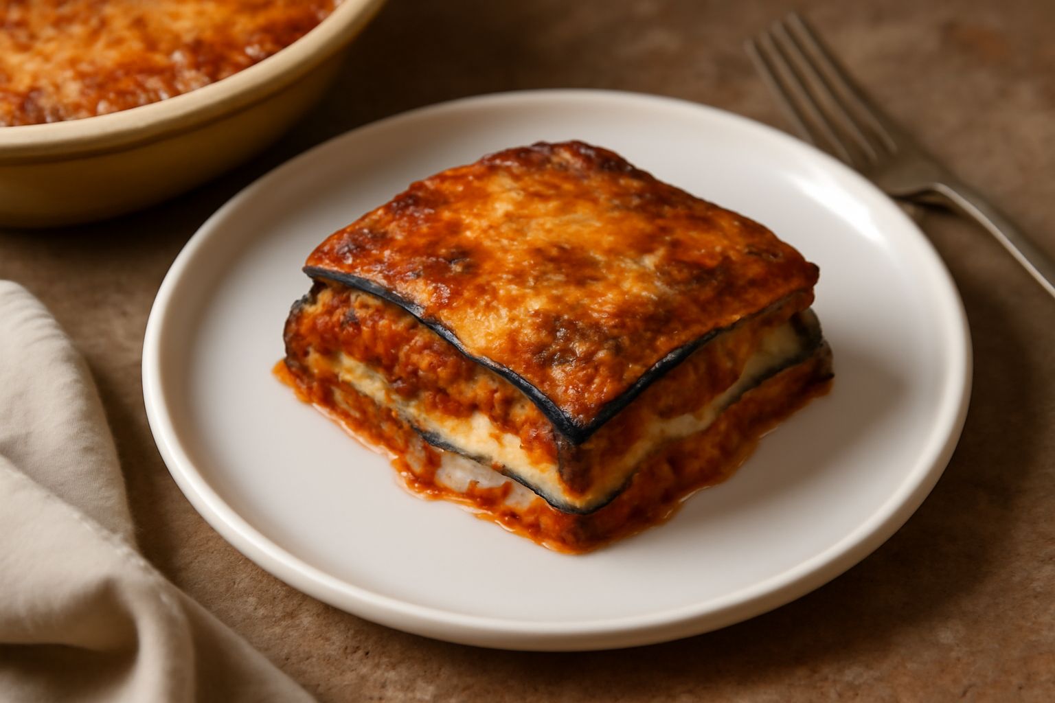 Timballo di melanzane dorato e gratinato in pirofila di ceramica, tagliato a porzioni mostrando i strati interno di melanzane violacee, ragù marrone e besciamella cremosa, guarnito con basilico fresco