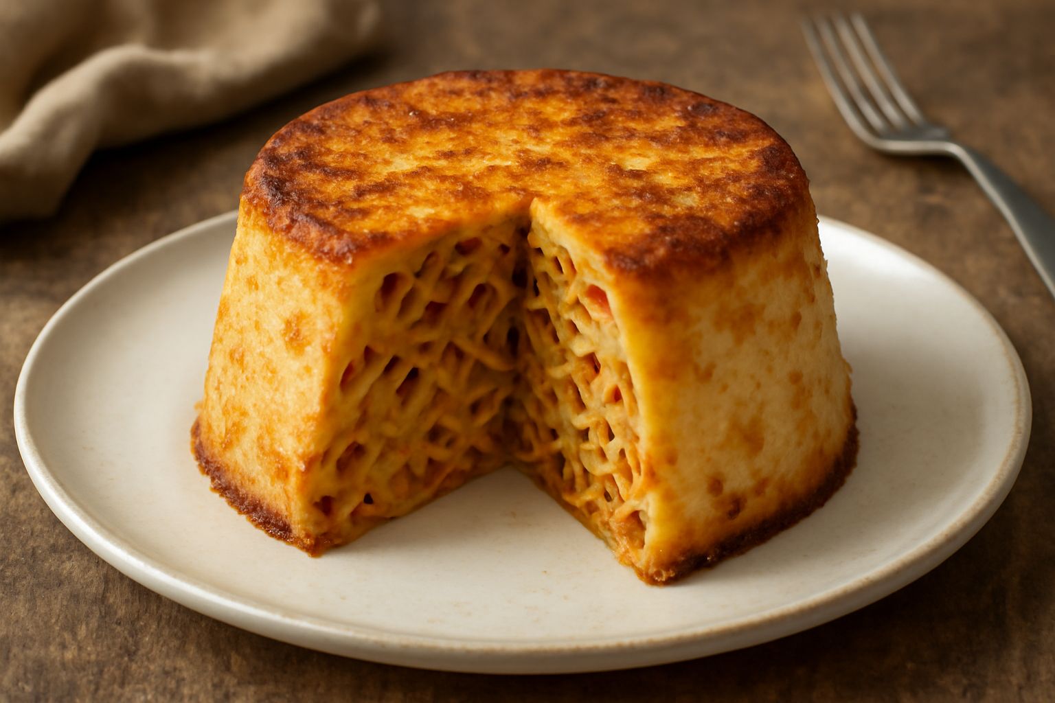 Timballo di pasta appena sfornato, dorato in superficie con crosta croccante, tagliato a fette che mostrano l'interno cremoso con ragù e pasta visibili, servito in un piatto bianco