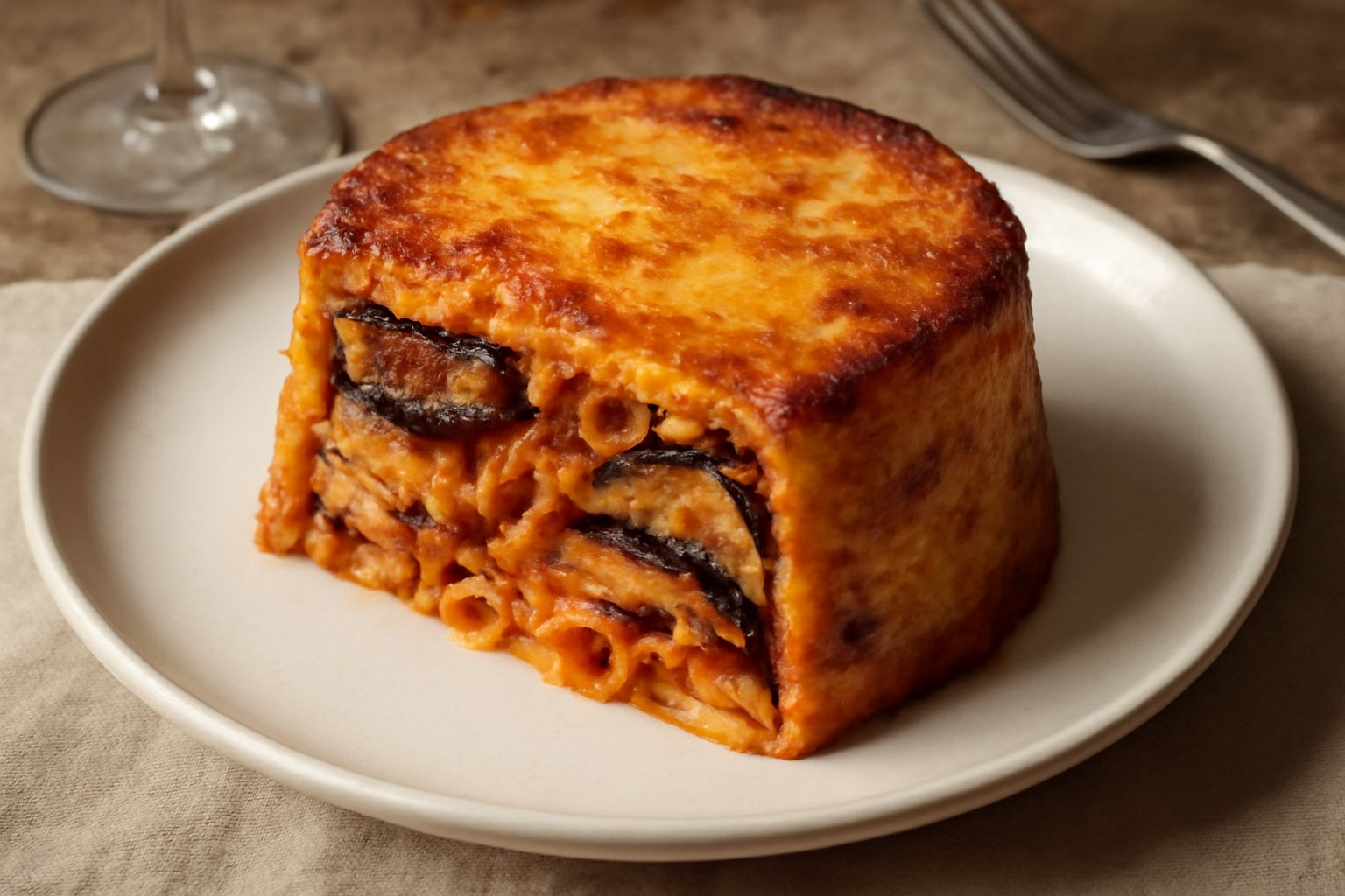 Un timballo di pasta e melanzane appena sfornato, con croста dorata in superficie, visibile la sezione interna che mostra strati di pasta rigatoni, melanzane viola scuro, ragù rosso e besciamella, ser