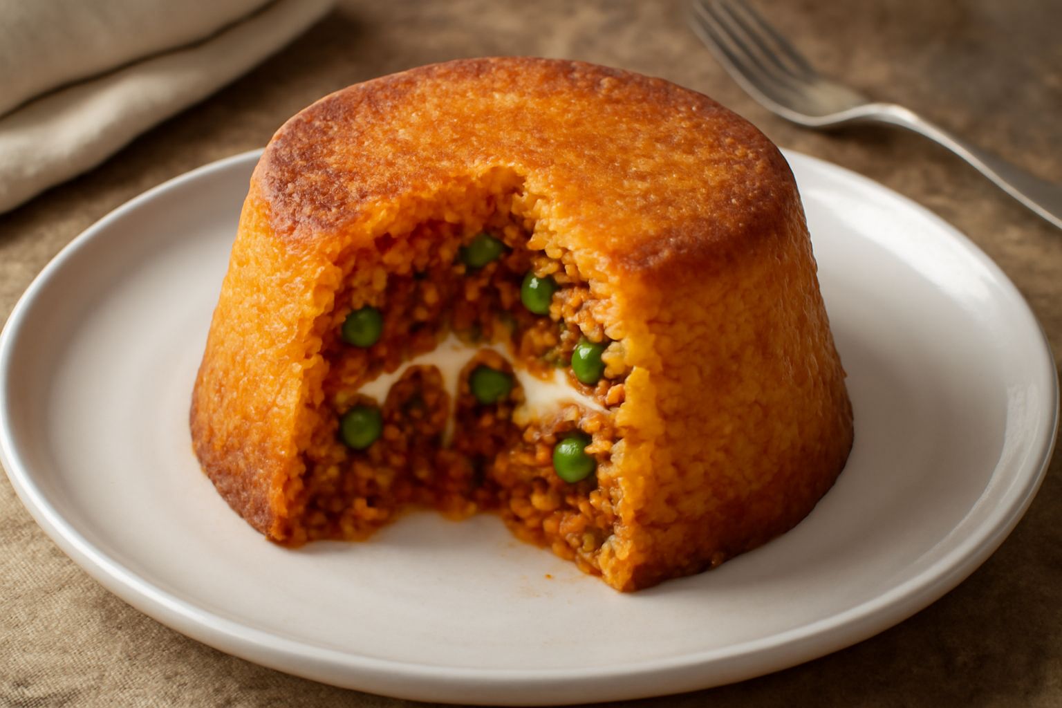 Un timballo di riso cilindrico dorato in primo piano, tagliato a metà per mostrare l'interno stratificato con ragù bruno, piselli verdi e filamenti di mozzarella bianca, servito su un piatto bianco co