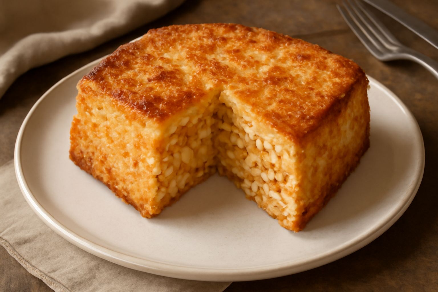 Timballo di riso e pasta tagliato a porzioni, visibile la crosticina marrone dorata in superficie, l'interno cremoso con striature di ragù rosso e besciamella bianca, servito su un piatto bianco con u