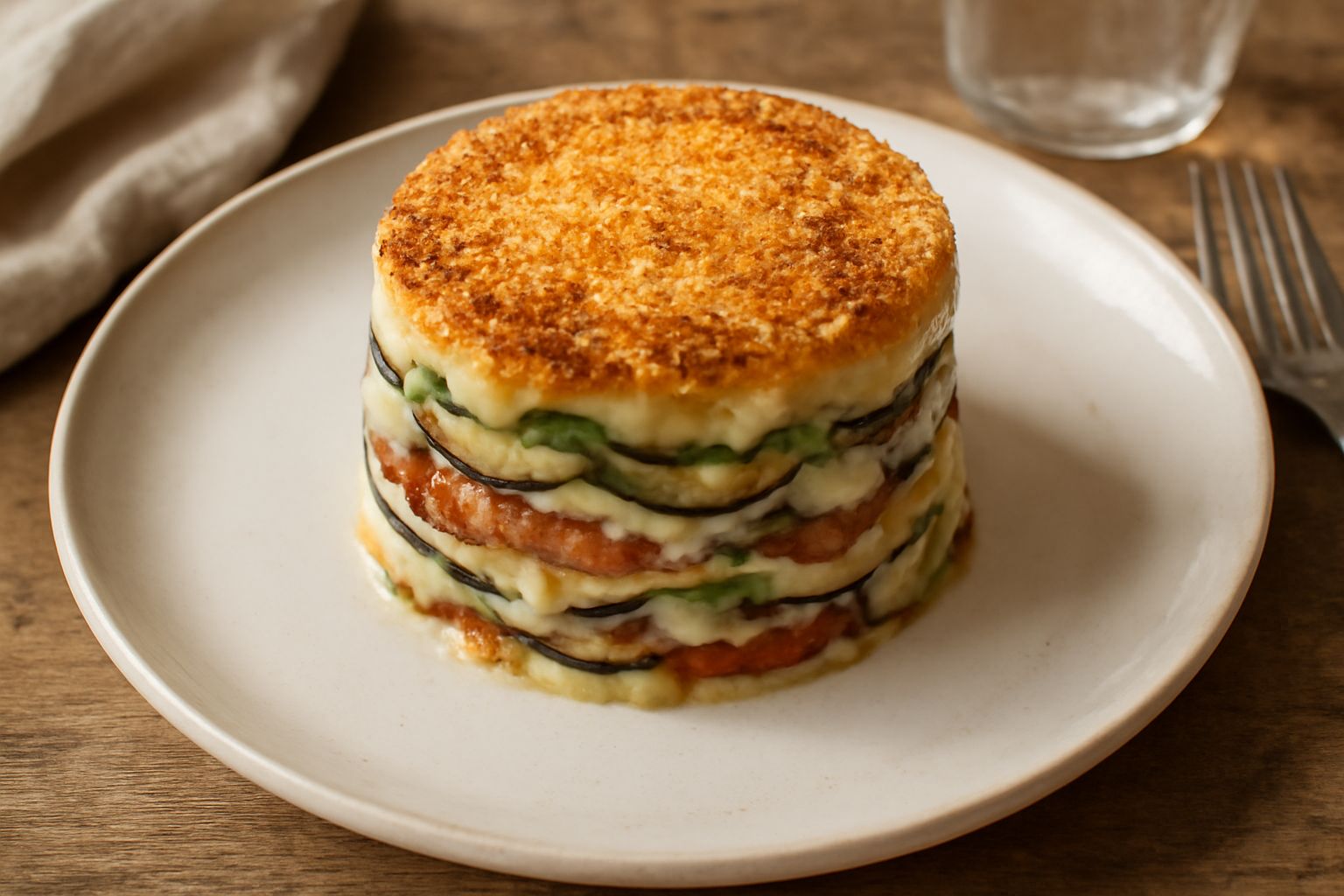 Un timballo di verdure appena sfornato, con superficie dorata e croccante di pangrattato. All'interno visibili strati di zucchine grigie, melanzane viola, pomodori rossi e besciamella cremosa. Servito