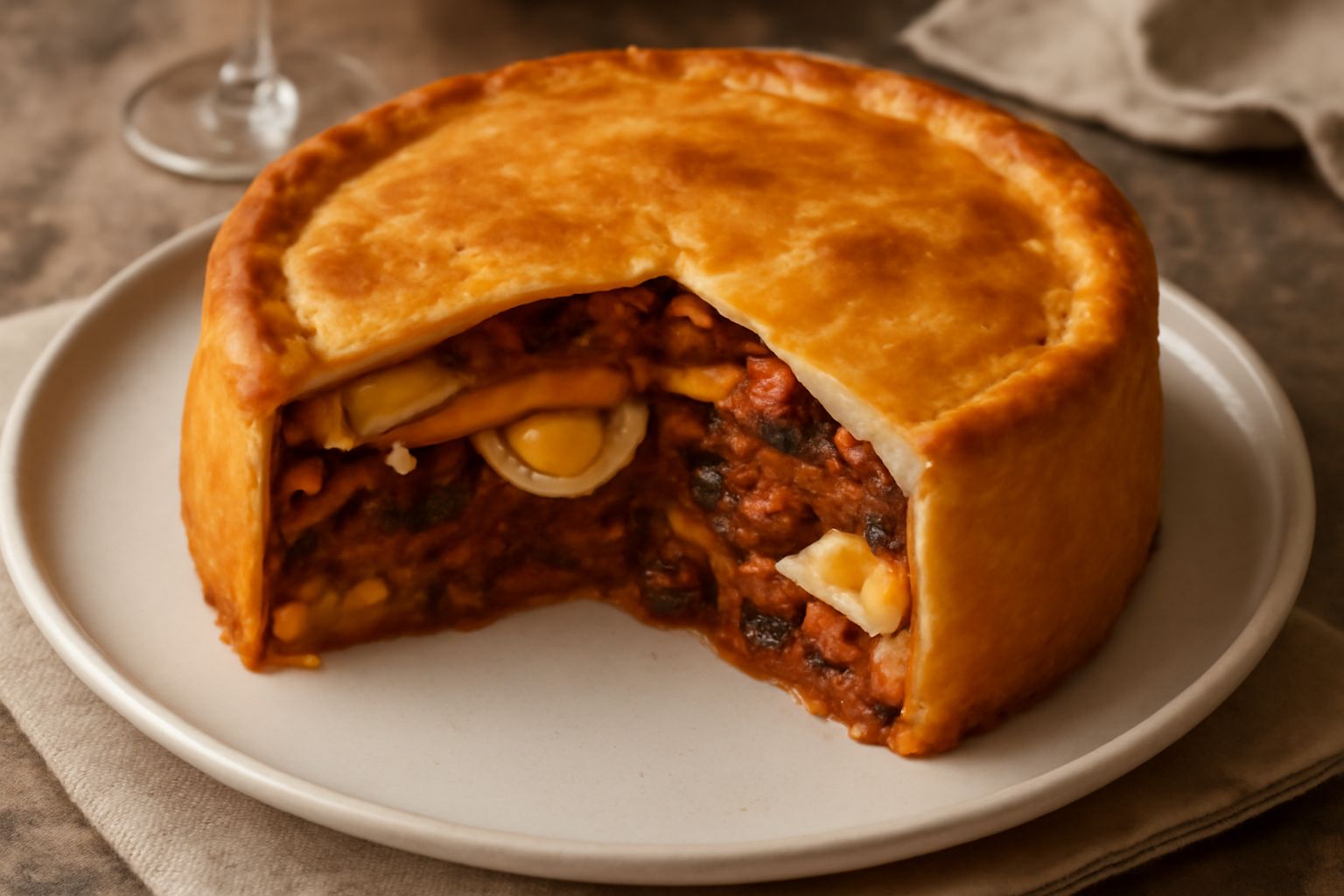 Timballo messinese affettato nel piatto, che mostra gli strati di pasta, ragù rosso scuro, melanzane grigie e formaggio filante, con superficie dorata croccante