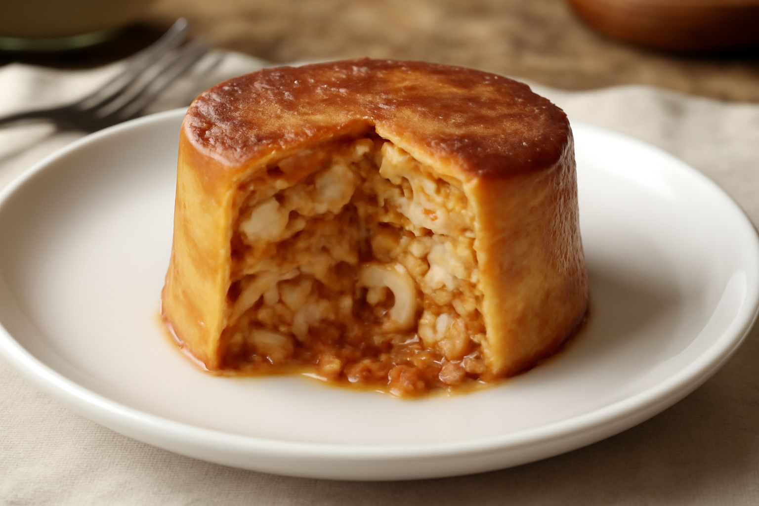 Timballo pescarese affettato su piatto bianco, visibile il ripieno di pesce bianco, ragù di verdure e molluschi, circondata da pasta dorata cotta al forno
