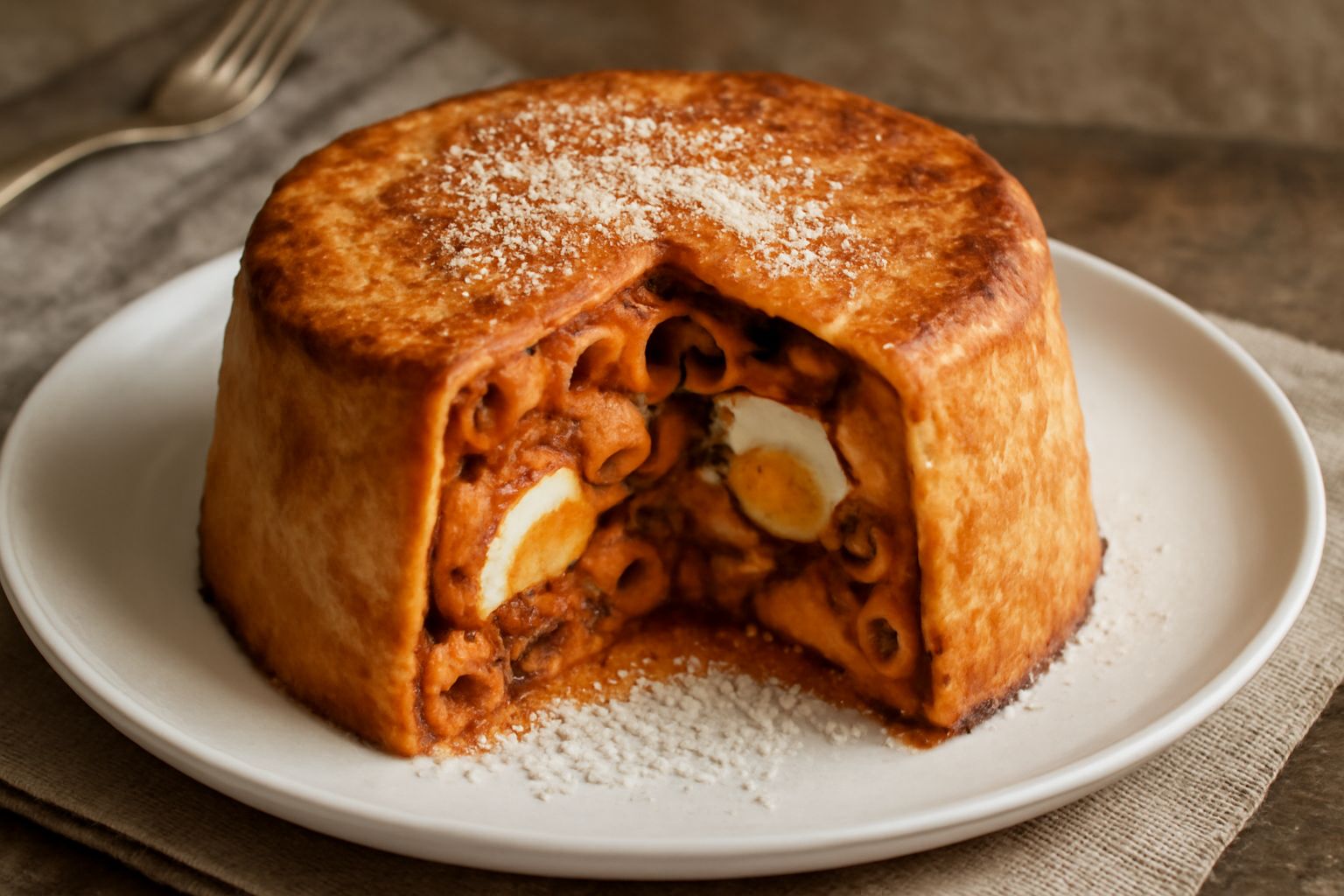 Timballo teramano intero appena sfornato con pasta sfoglia dorata, in piedi dentro una teglia da forno, con vapore leggero che sale dalla superficie; sullo sfondo un piatto bianco con una porzione ser