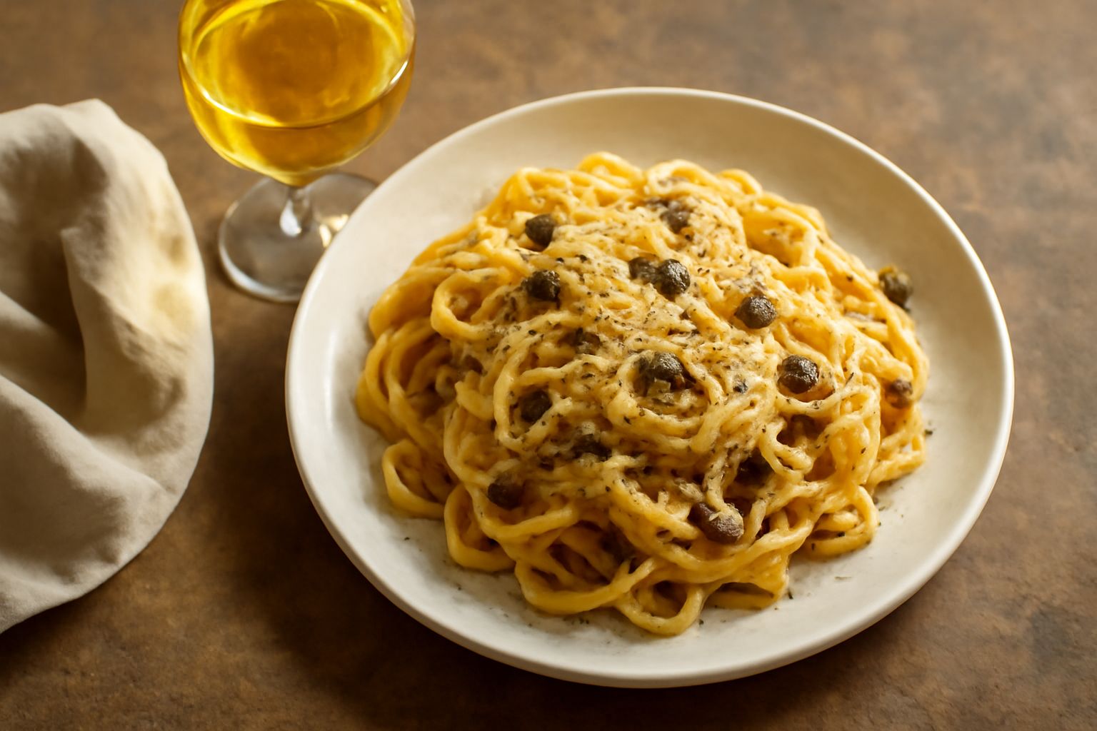 Calice di vino Timorasso color oro chiaro su tavolo di legno, con bottiglia piena sullo sfondo e uva bianca in primo piano