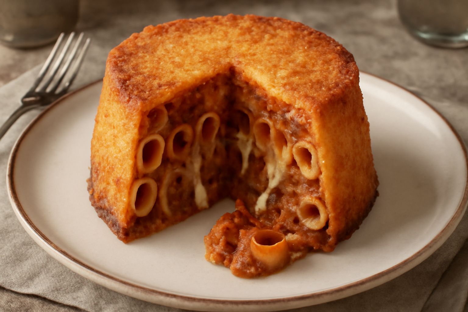 Timpani di carne appena sfornato, crosta dorata di formaggio grattugiato, sezione che mostra dentro i rigatoni imbevuti di ragù e ragù scuro, servito in piatto bianco con cucchiaio