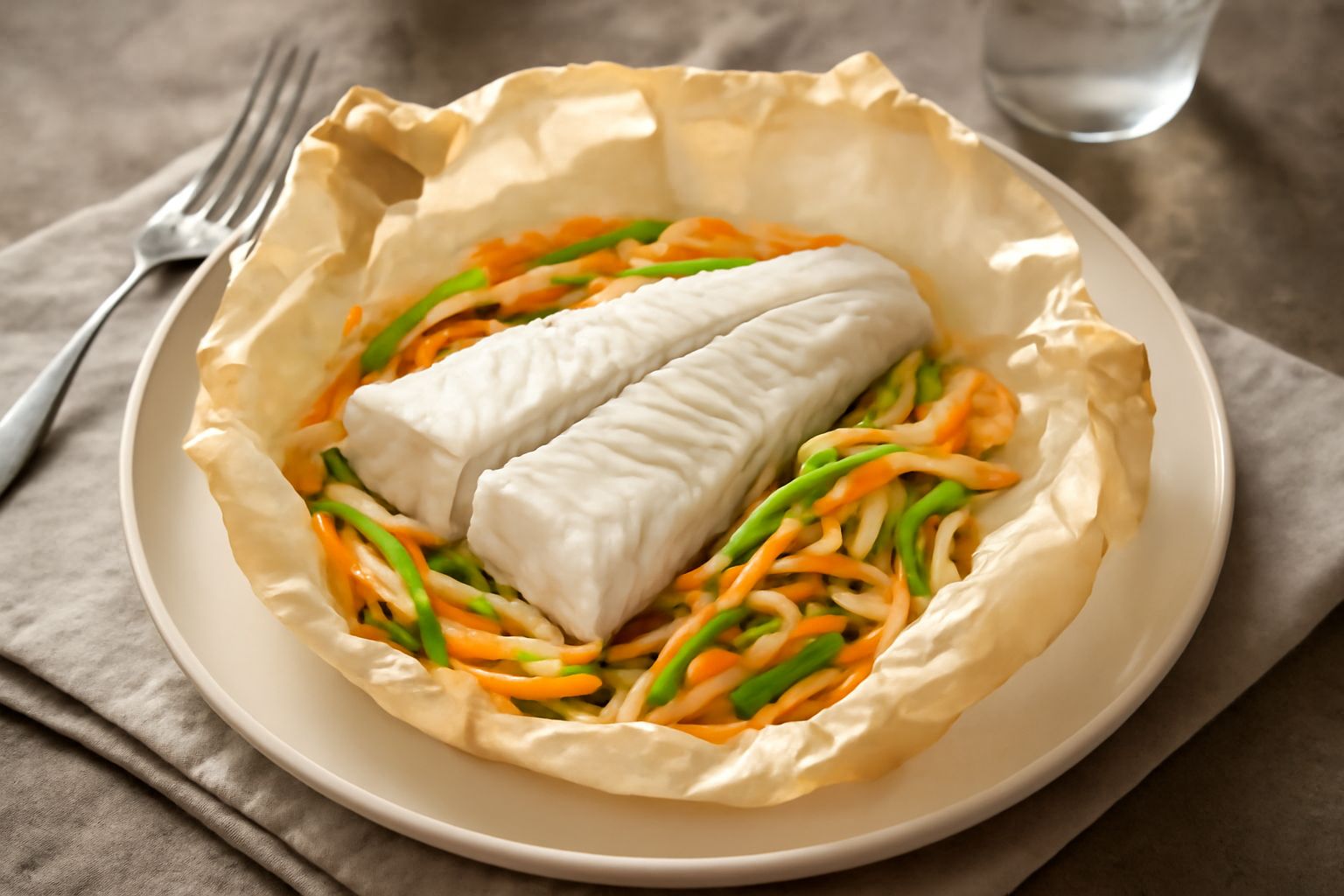 Cartoccio di carta forno aperto con tinca intera circondata da zucchine tagliate a bastoncini, carota affettata e prezzemolo fresco; vapore ancora visibile, carne bianca e flaccida ben cotta
