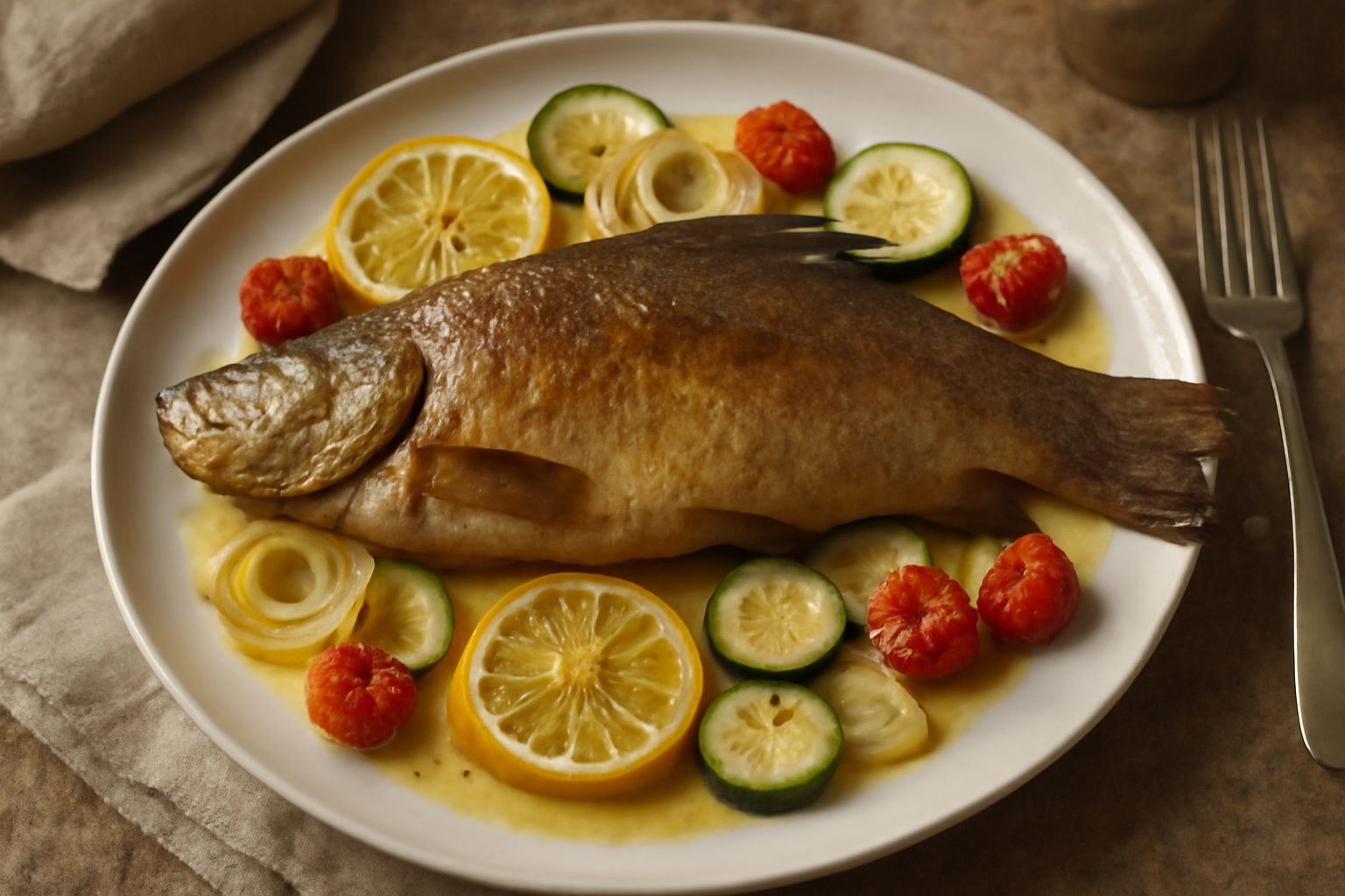 Tinca intera dorata al forno su un piatto bianco, circondata da fette di limone, rametti di prezzemolo fresco e contorno di verdure cotte al forno leggermente dorate