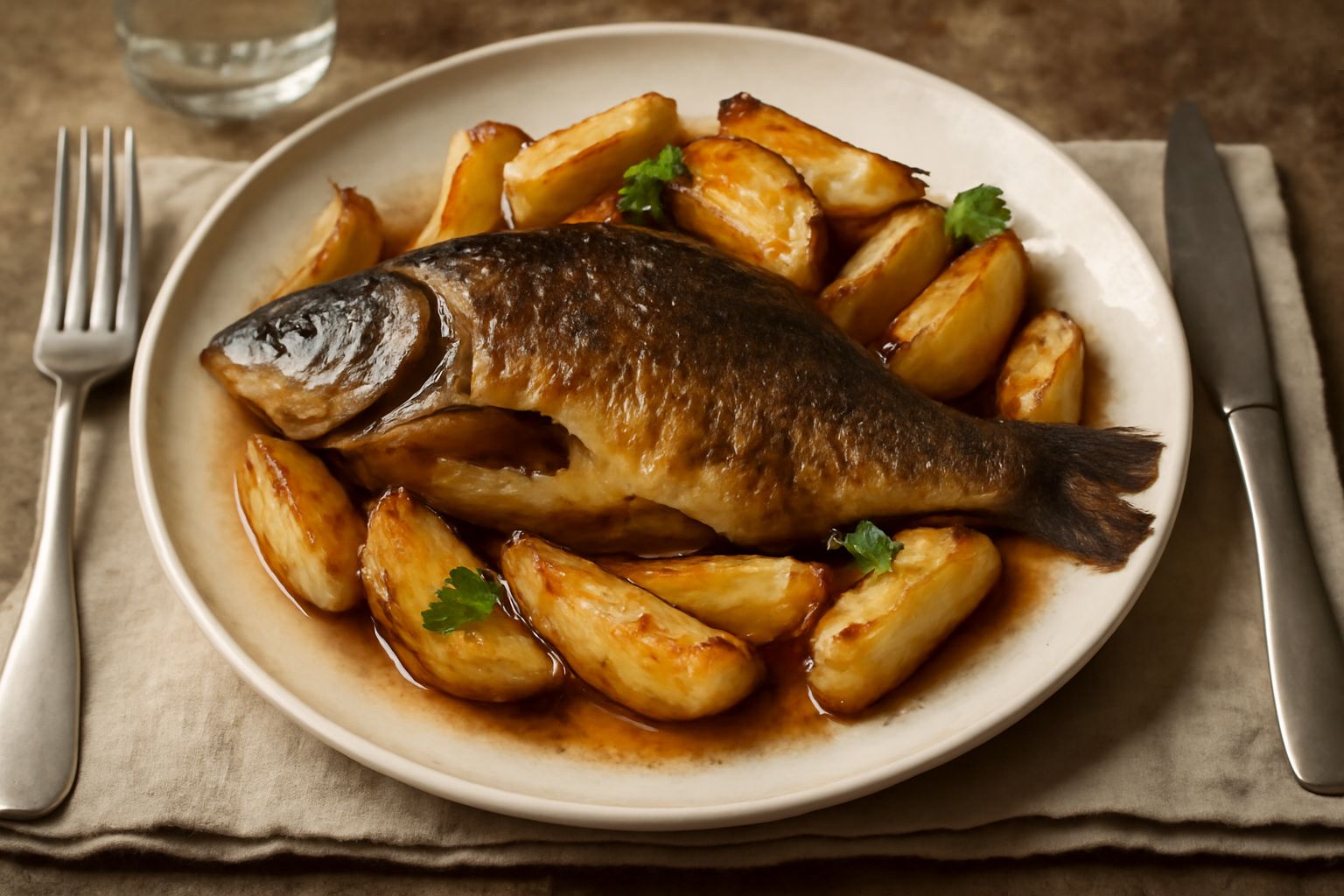 Tinca intera cotta al forno con patate tagliate a spicchi, dorate e croccanti, guarnita con prezzemolo fresco su un piatto bianco, limone fresco accanto