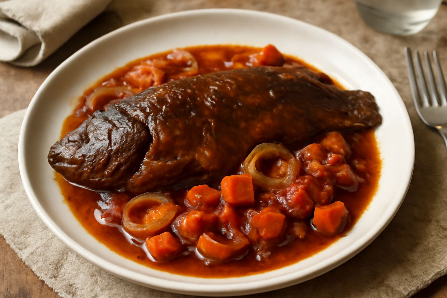 Tinca intera cotta in umido dentro una pignata di terracotta, circondata da cipolle, carote e pomodori rossi; salsa marrone e verdure visibili, servita con prezzemolo fresco