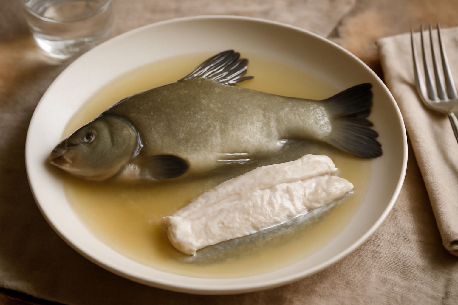 Piatto di ceramica bianca con tinca bollita intera, pelle grigio-verdognola opaca, circondata da brodo trasparente, contornata da prezzemolo fresco e fettine di limone gialle