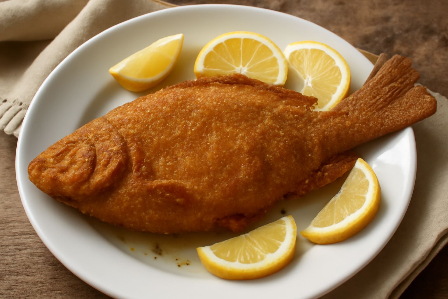 Tinca fritta intera dorata e croccante su piatto bianco, contornata da spicchi di limone fresco e prezzemolo verde, con pangrattato color oro sulla superficie