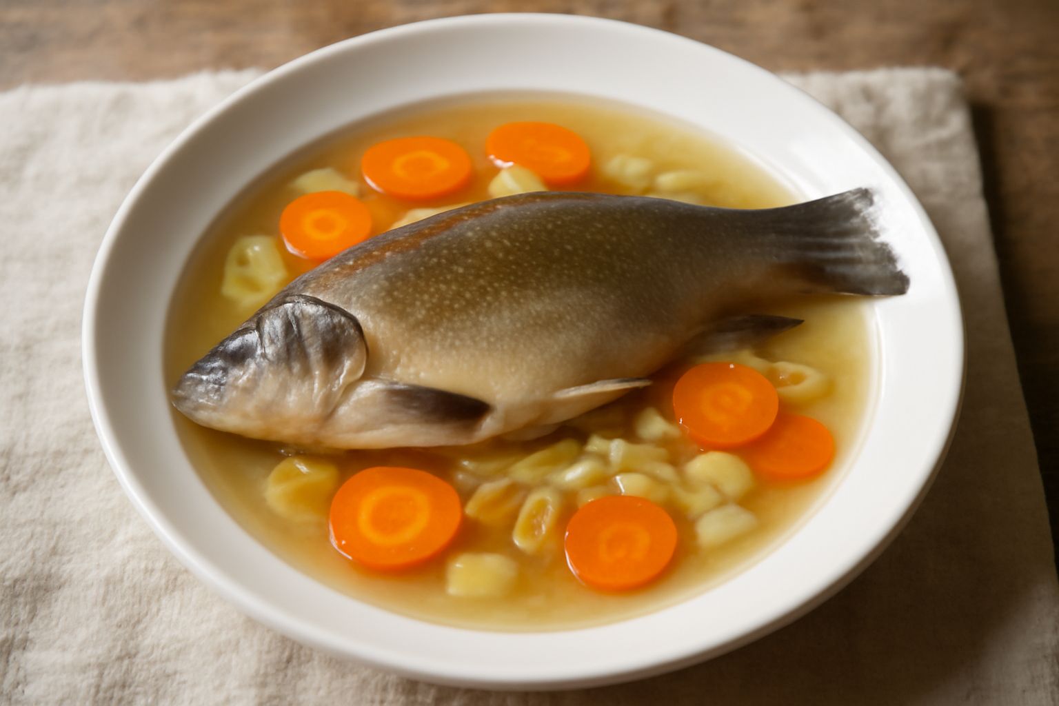 Tinca intera cotta in brodo trasparente dentro una ciotola bianca, circondata da fettine di carota arancione, sedano pallido e cipolla, con un mestolo a lato su tavolo di legno