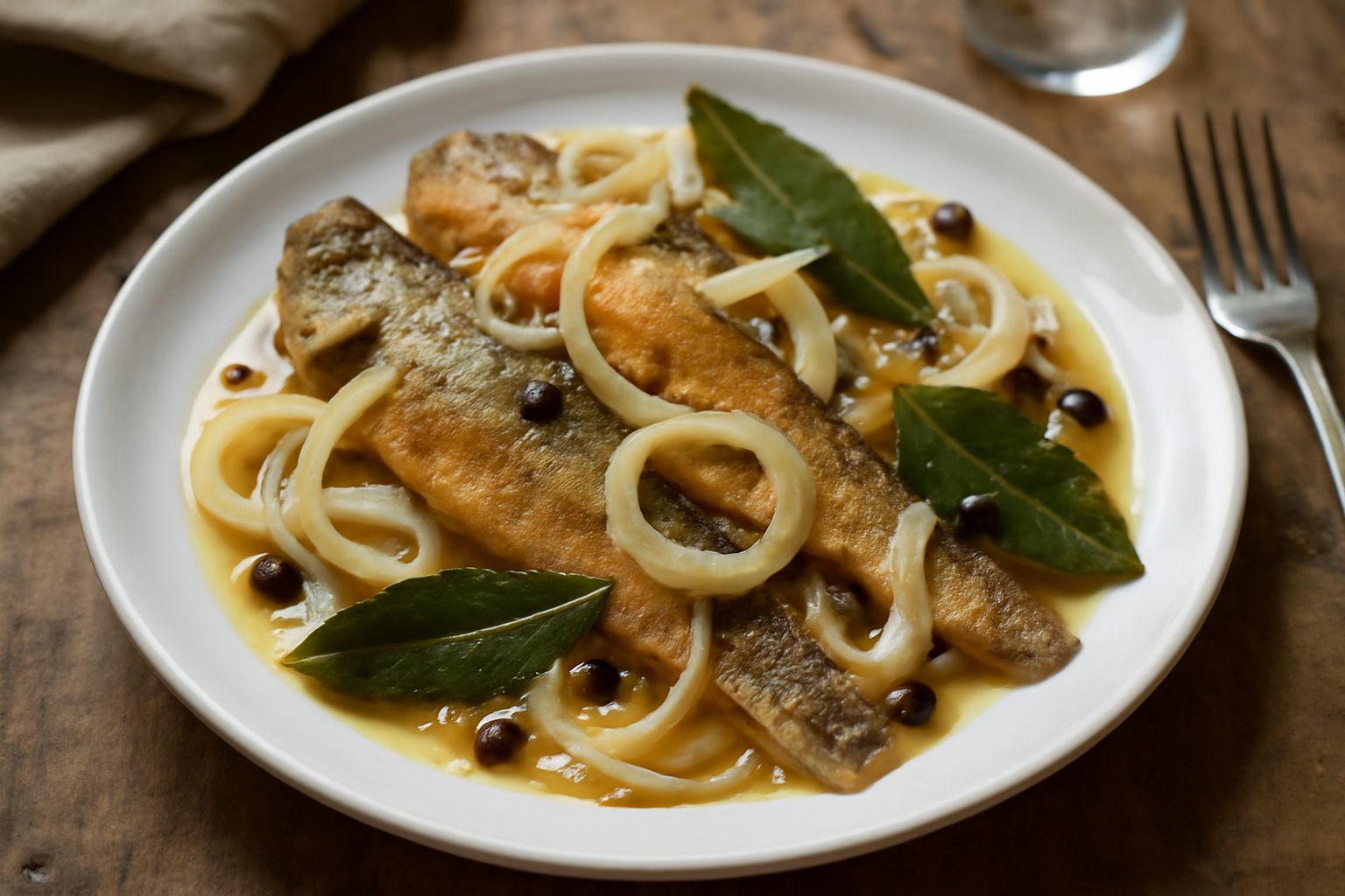 Tinche dorate in un piatto bianco con marinatura agrodolce, cipolla affettata trasparente, rosmarino fresco e bacche di ginepro visibili nel fondo del piatto