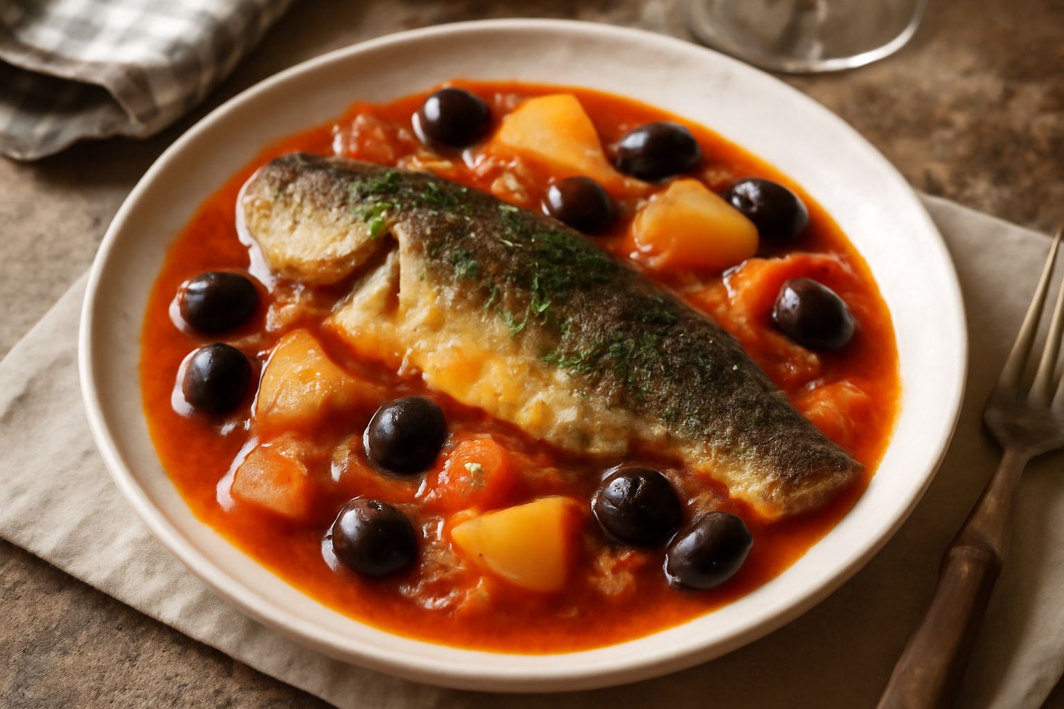 Tegame di terracotta con tinca intera cotta in salsa di pomodori rossi, olive nere e cipolla, guarnita con prezzemolo fresco, su fondo scuro di cucina